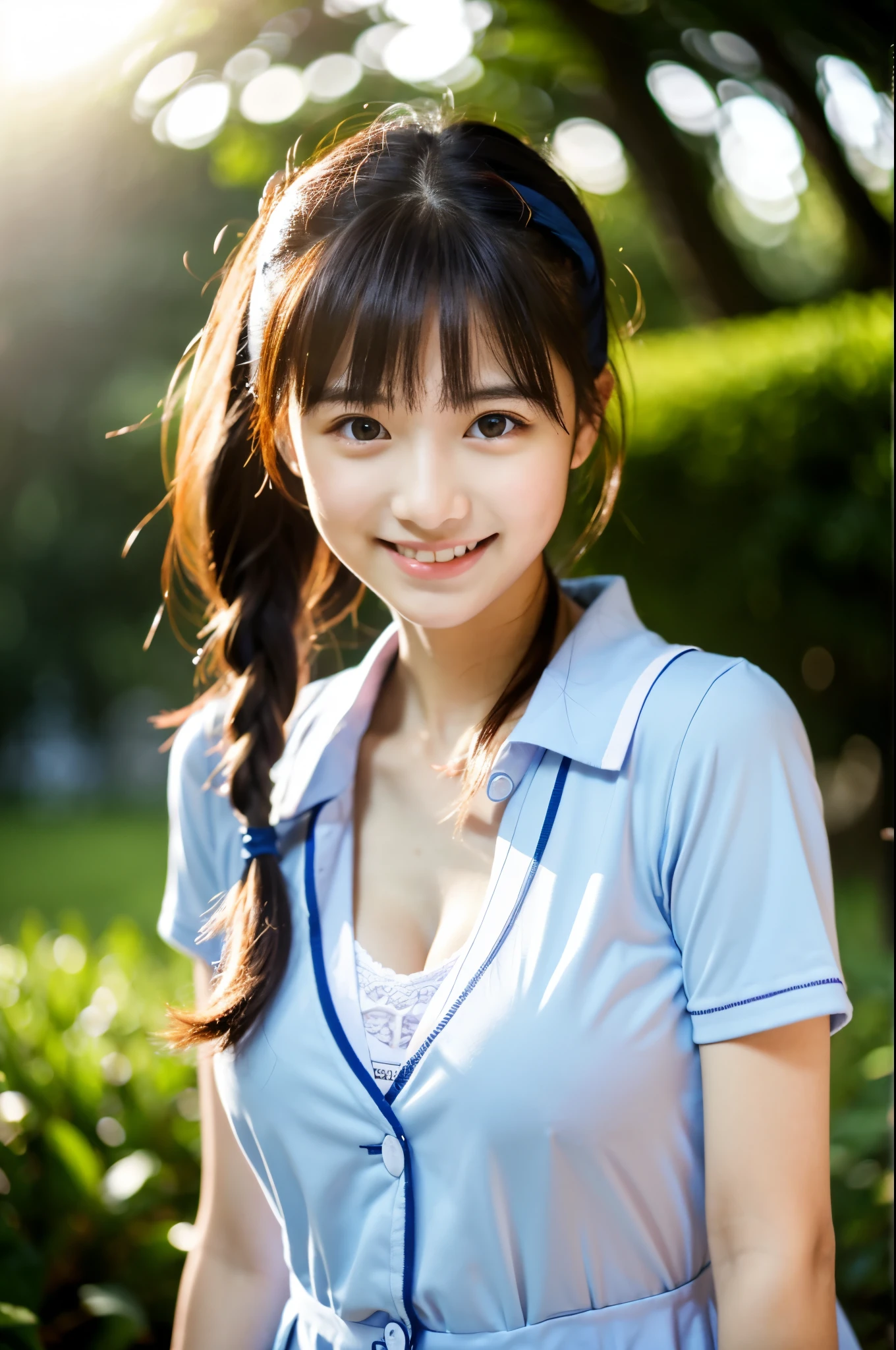cute, アイドルのようにcute16歳の高校生、High School Uniform、Young cute face、Very short、Smiling Kindly、High school suburban classes、High はCleavageが見えるデザイン、Small breasts、Cleavage、Forest Park、Dim lighting、whole body、RAW Photos、Genuine、Real、realism、Raw photo、High resolution、Life、No copyright notice