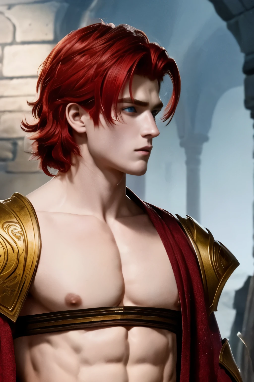 A young man, red hair, European medieval scene, medieval warrior, shirtless, pecs, abs, handsome, attractive boy, European boy, best quality, cinematic, the most handsome boy, strong jaw, harmonious face, focus in the boy, heroic, medieval hero, photo realism, movie scene, Charming prince, pale skin, white skin