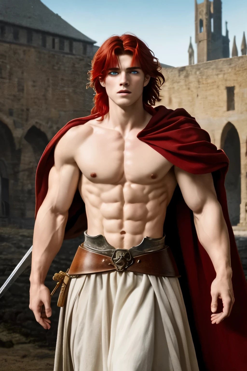 A young man, red hair, European medieval scene, medieval warrior, shirtless, pecs, abs, handsome, attractive boy, European boy, best quality, cinematic, the most handsome boy, strong jaw, harmonious face, focus in the boy, heroic, medieval hero, photo realism, movie scene, Charming prince, pale skin, white skin