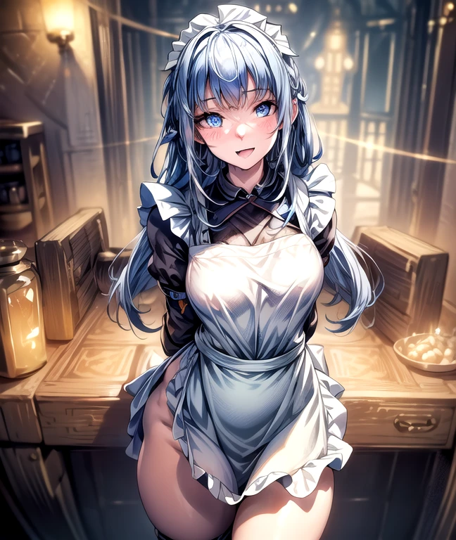 masterpiece, best quality, ultra-detailed, illustration,1girl, looking at viewer, best quality,depth of field,(opened mouth,light smile,blue eyes:1.1),beautiful detailed glow , (apron:1.3),(hands behind back:1.3),(arms behind back:1.3),blaze (arknights),