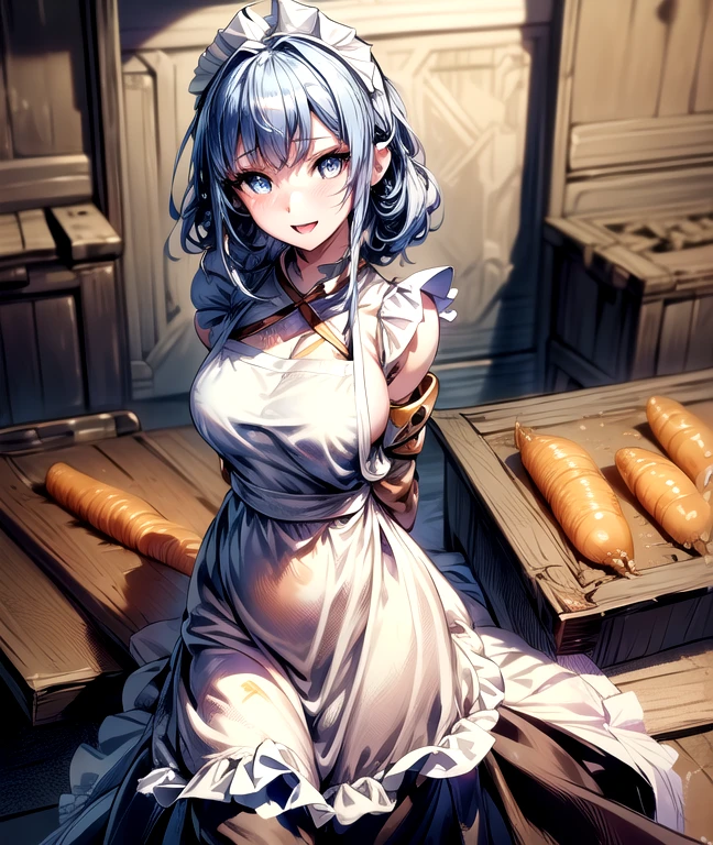 masterpiece, best quality, ultra-detailed, illustration,1girl, looking at viewer, best quality,depth of field,(opened mouth,light smile,blue eyes:1.1),beautiful detailed glow , (apron:1.3),(hands behind back:1.3),(arms behind back:1.3),blaze (arknights),   