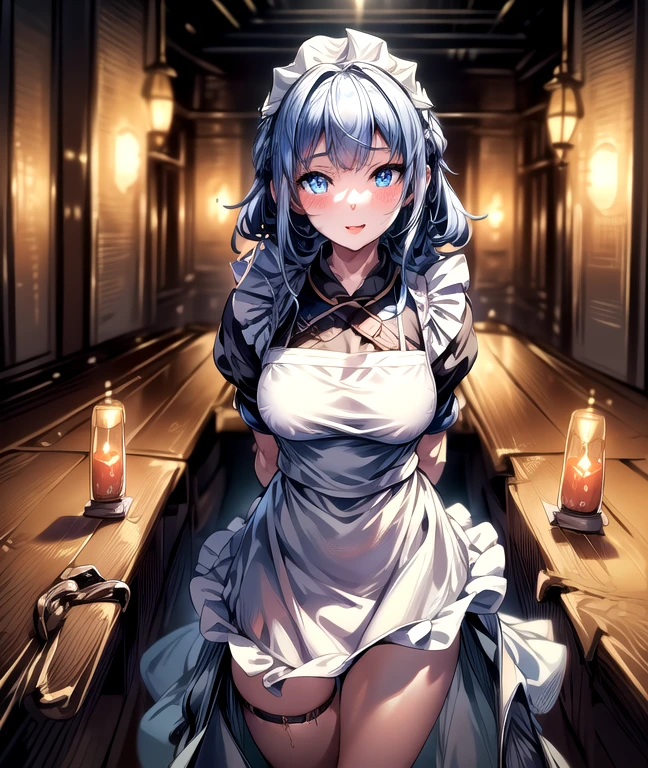 masterpiece, best quality, ultra-detailed, illustration,1girl, looking at viewer, best quality,depth of field,(opened mouth,light smile,blue eyes:1.1),beautiful detailed glow , (apron:1.3),(hands behind back:1.3),(arms behind back:1.3),blaze (arknights),   