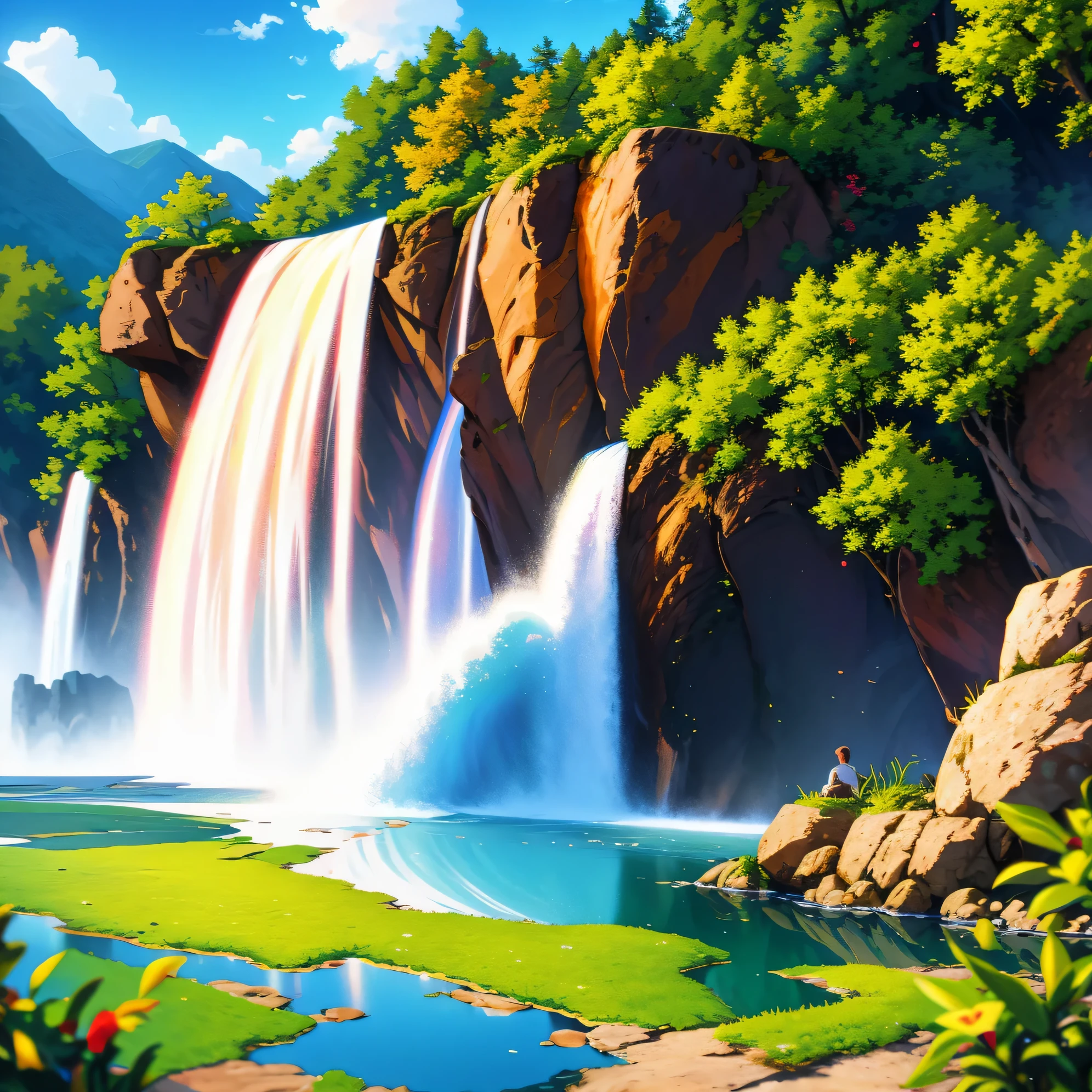 Chaotic rushing waterfalls in tranquil beautiful landscapes, ray tracing, detailed reflections, intricacies, high detail, drama, masterpieces of the best quality, photorealistic realism, detail, 8k, HDR, backlight, halo, flash, chromatic aberration, sharp focus