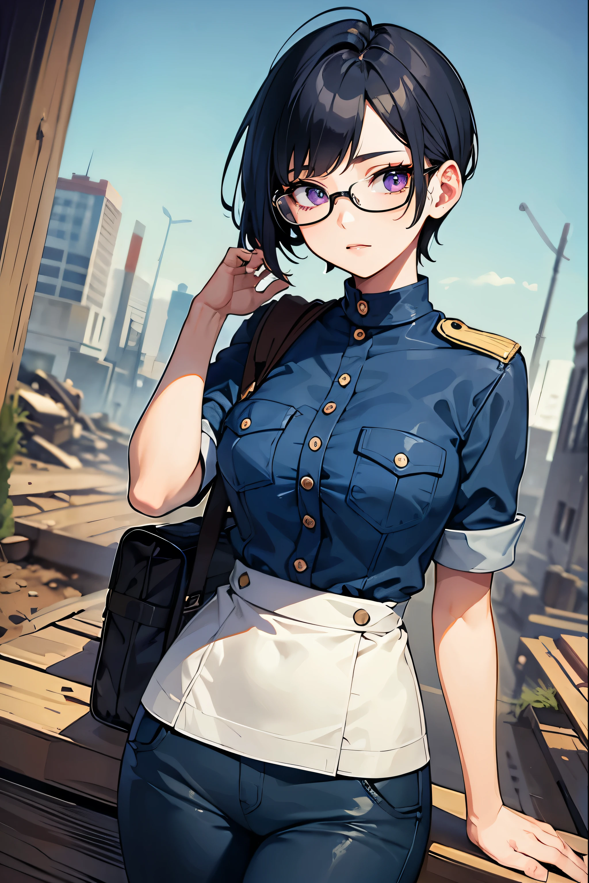 Wide angle, a pretty girl messenger, wearing large glasses, undercut hair, wearing postal uniform, in a post-apocalyptic world