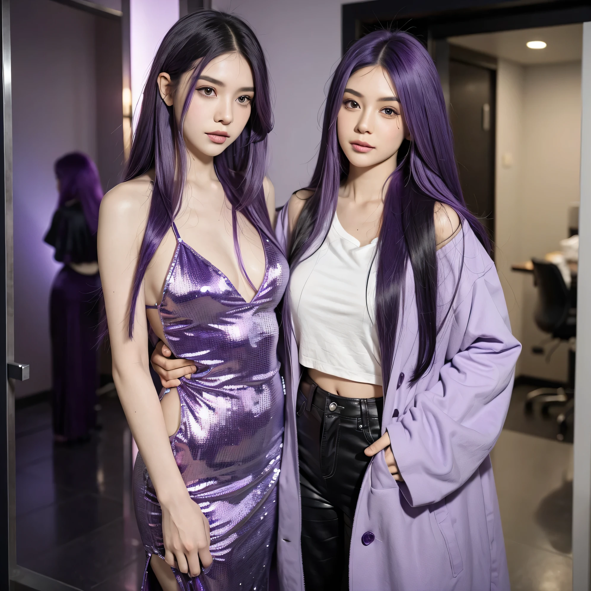 araffes with purple hair is getting her hair done, hair coloring, purple highlights, purple streaks in hair, violet hair, ultra violet highlights, flowing purple hair, purple hair, long violet hair, lavender hair, purple long hair, violet long hair, two color hair, lilac hair, light iridescent hair color, violet color, dye hair, long purple hair