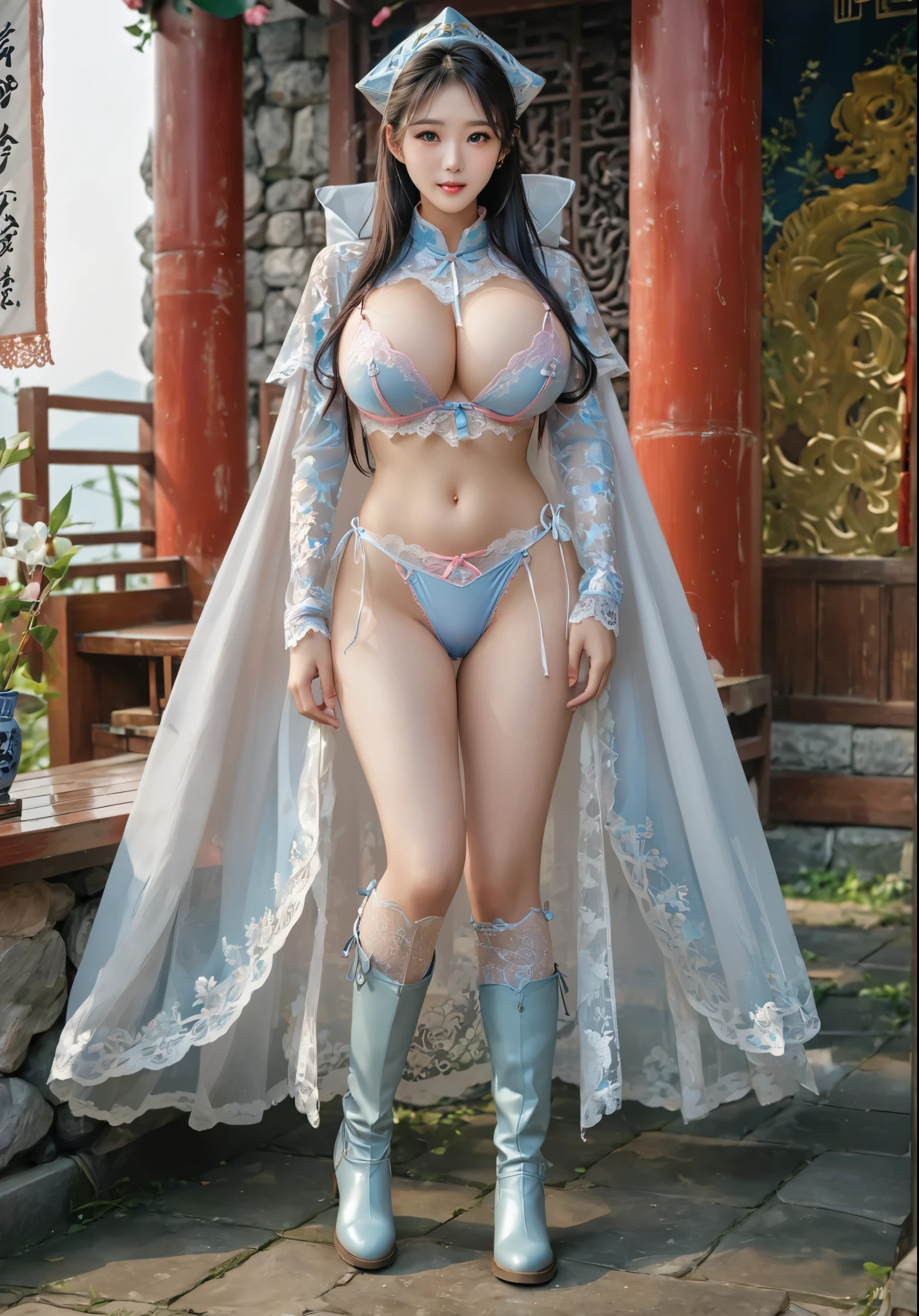 She looks like a very shy girl, The face is shy, full body xianxia, Sexy pink blue bikini underwear，All-over lace，Lace panties, Lace top，Nearly transparent，Powder blue underwear，Long-legged girl，Put on your boots，White boots，Huge breasts，put on your hat，fantasy服装, Put on a priest&#39;s cloak, powder blue cloak, lace cape，穿着fantasy服装, Standing on the street，For the audience，Real 8000g，Impeccable，masterpiece，Professional artwork，masterpiece，Light，Movie Bloom，Perfect face，Pretty Face，fantasy，Dreamy and magical，not real，Intricate details，beautiful pattern