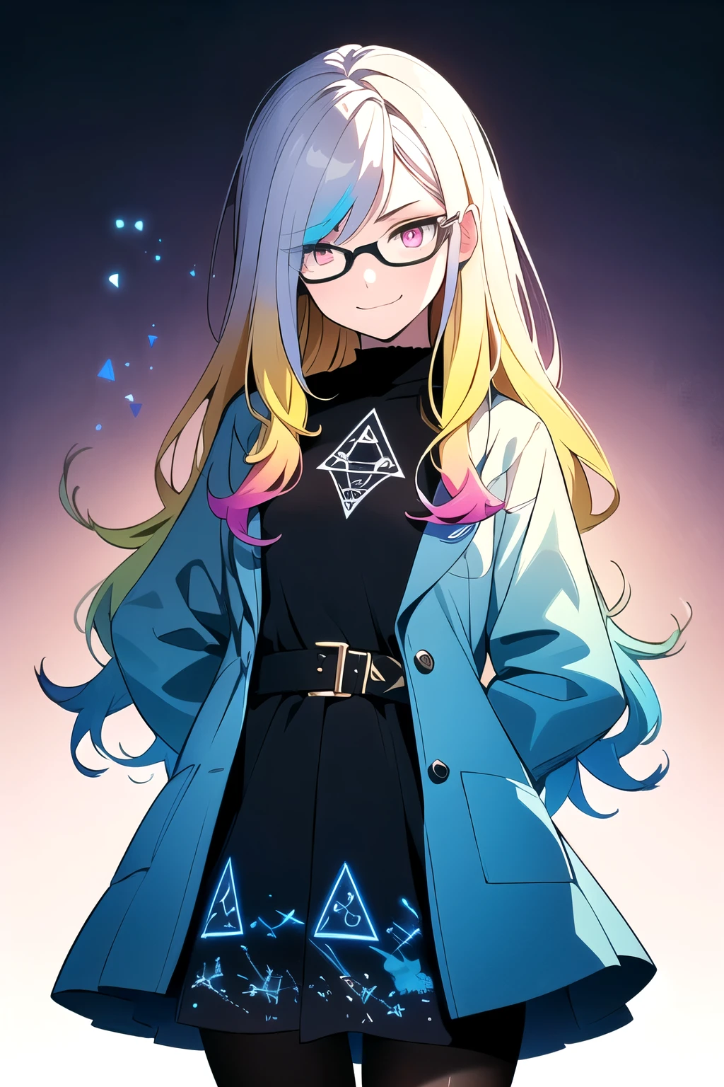 (blonde hair, very long hair, sidelocks), (eyes with a mix of yellow and blue irises:1.5), two-tone eyes, multicolored eyes gradient eyes, white and blue jacket with constellation prints, (best quality,4k,8k,highres,masterpiece:1.2), ultra-detailed, portraits, (HDR:1.1), (vivid colors:1.1), (studio lighting), (bokeh), (highly saturated colors), (soft lighting), (detailed background), (subtle shadows), (ethereal glow), (pastel color palette), (delicate details), (sublime beauty), (feminine charm), (crisp focus), (fine brushwork), (impeccable craftsmanship), (emotional depth), (captivating storytelling), (intriguing narrative), (impressive realism), (exceptional artistry), (masterpiece-worthy), (awe-inspiring), blonde hair, very long hair, sidelocks, (eyes with a mix of yellow and blue irises:1.5), two-tone eyes, (multicolored eyes:2.0) (gradient eyes:2.0), white and blue jacket with constellation prints, (metallic skirt), (pantyhose:1.25), (smirk:1.25), (smug:1.25), (naughty face:1.5), (mischievous:1.25), futuristic clothing, science fiction setting, high-tech, glowing eyes, (unicursal hexagram-shaped irises:1.5), (cowboy shot:1.5), glasses, small glasses, thin glasses, rectangular glasses, small breasts, glowing clothing, (hologram armband1.5)