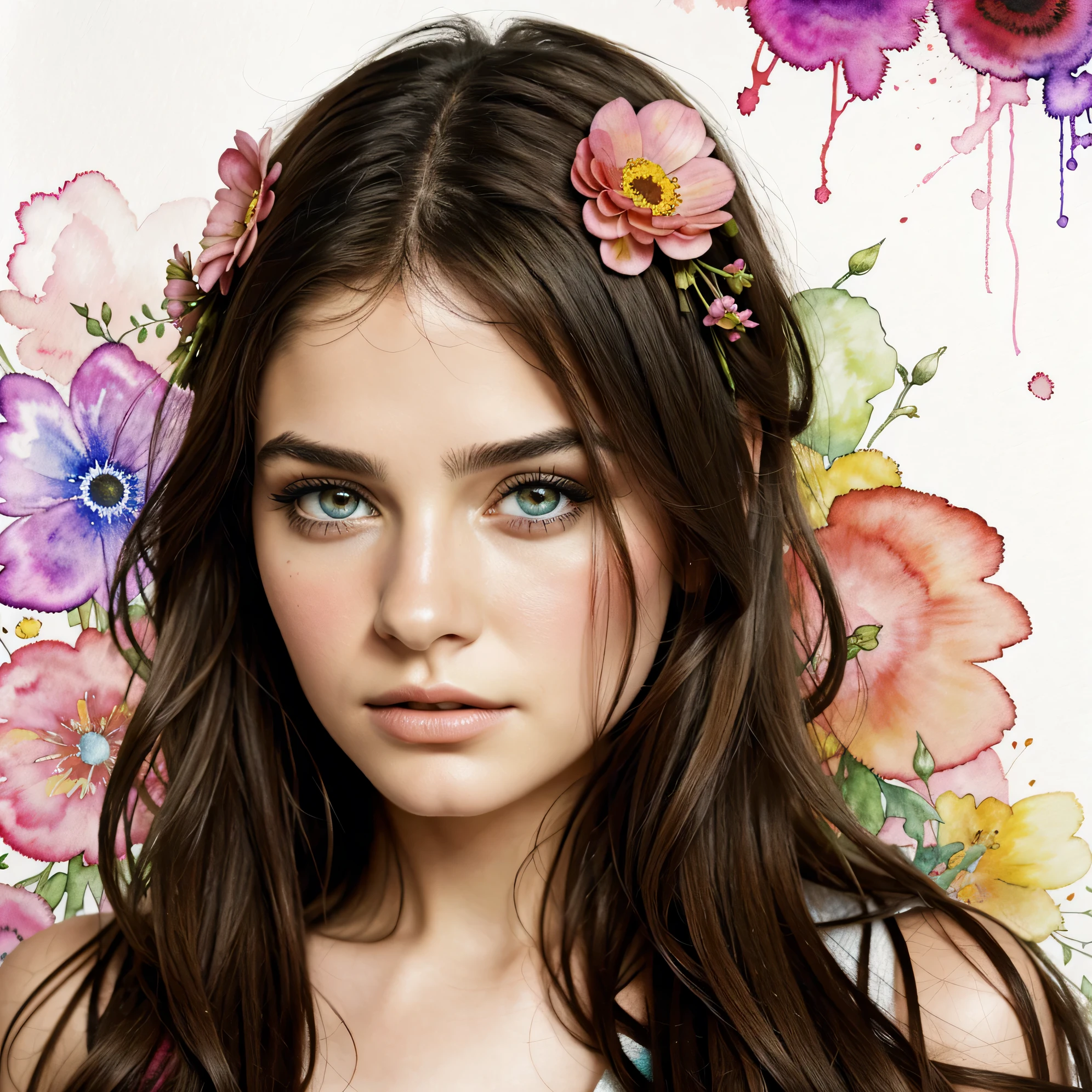 show full head extremely detailed portrait with flowers in her hair in a rough sketch coloured with watercolor, extremely detailed eyes, beautiful eyes, completely centered image, blank space surrounding drawing, focus on face lines, dripping watercolor, ink contours, art by carne griffiths mixed with alfonse mucha, 32k resolution, best quality possible, doll-like