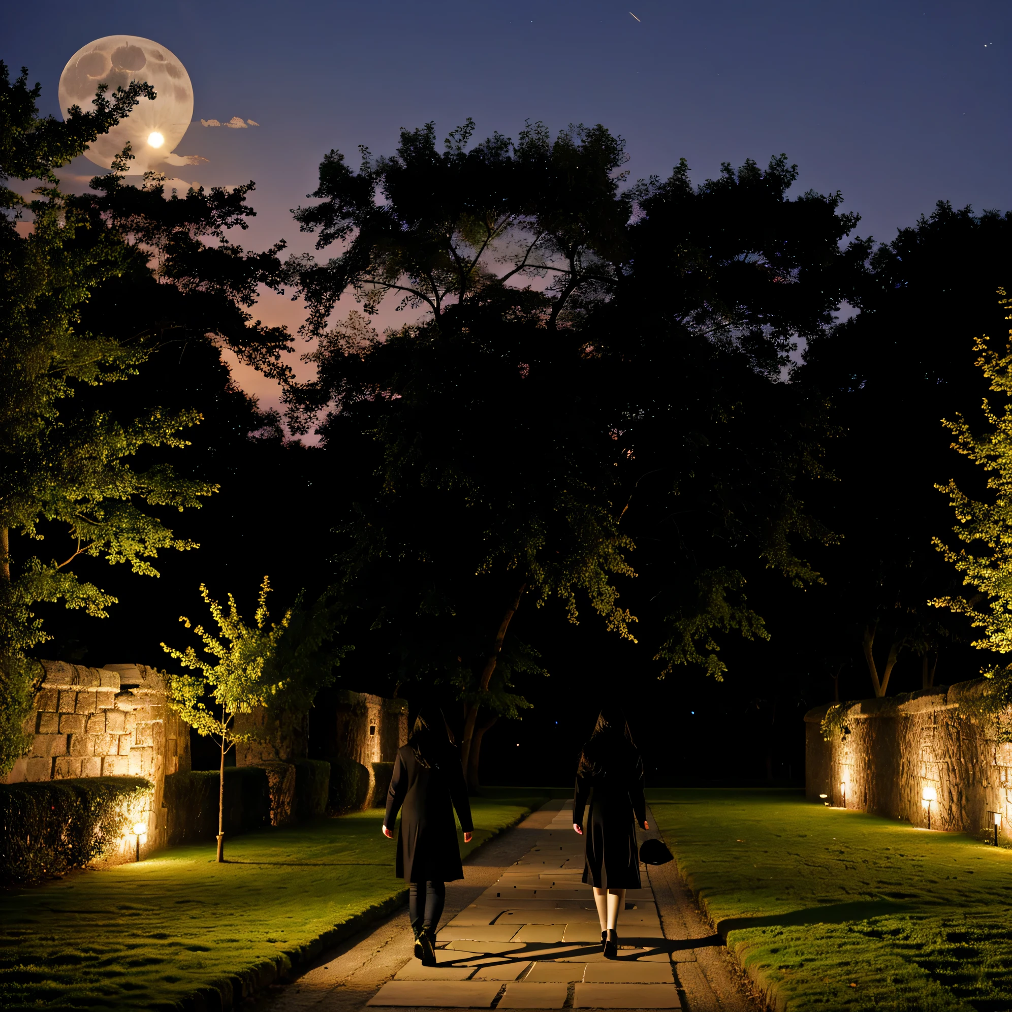 A girl with black hair walking in the castle garden on full moon night