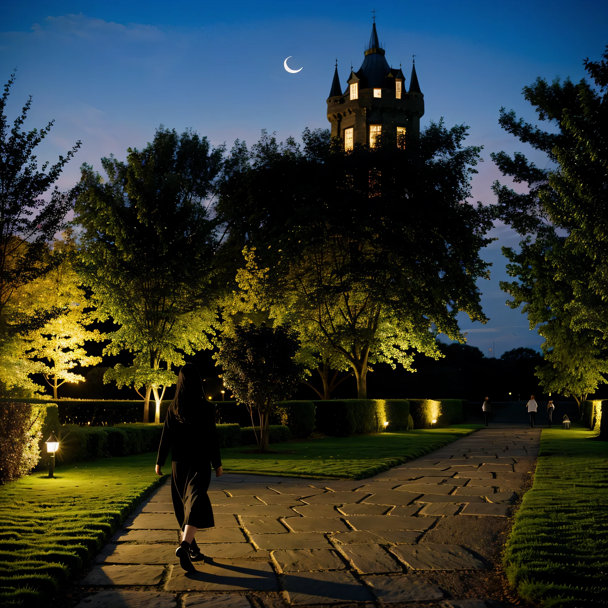 A girl with black hair walking in the castle garden on full moon night