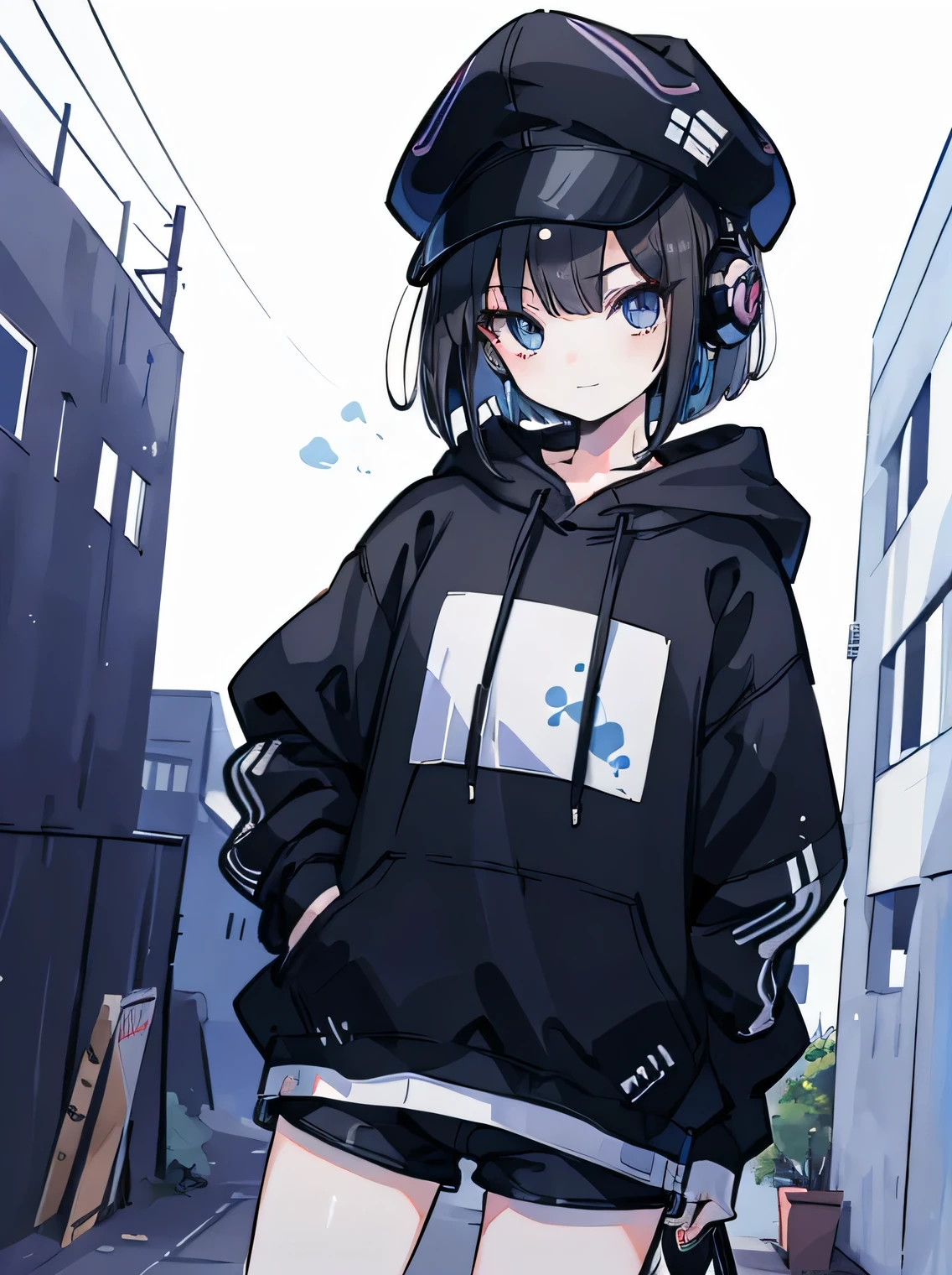 (best quality, highres, realistic:0.8) One girl, kawaii, , dark hair, soft bob cut with lots of hair, very sleepy face, shining blue eyes, smiling nihilistically, back alley, urban city, concrete wall, oversized hat, black earrings, headphones off, oversized hoodie, short short pants, long black tights, hands in jacket pockets, one hand waving at me, leaning against wall, body facing me.