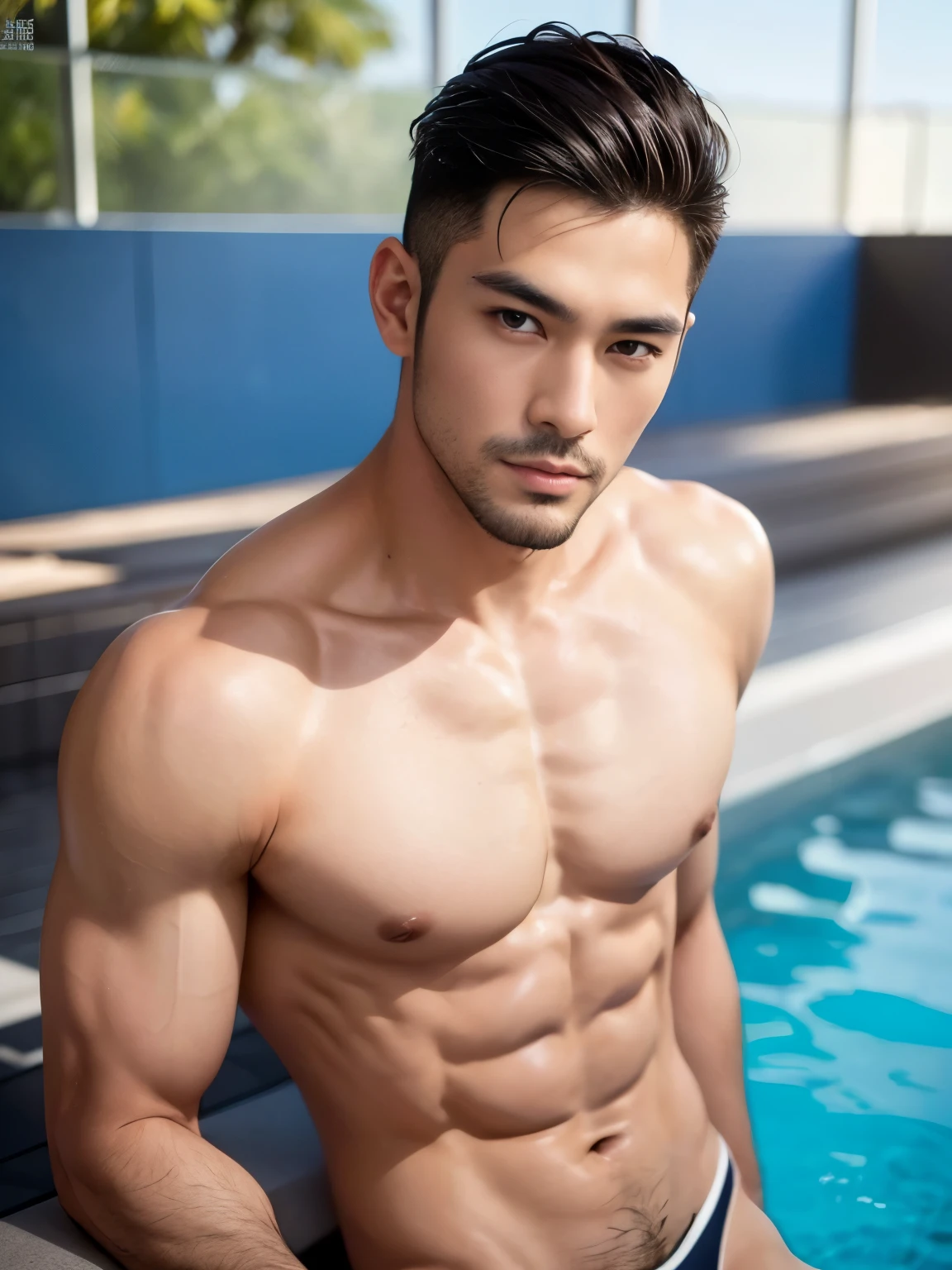 Asian male model in a swimwear, handsome asian guy, handsome man, slight beard, beard, short hair, slick back hairstyle, Full Body Shoot, photoshoot, male swimwear, briefs, portrait, look at camera, detailed facial parts, Manly, Charmer, Active Boy, standing, harness, happy expression, perfect anatomy, symmetric body, asian boy 30years old, shirtless :: high detail, asian, a little six packs attractive body, realistic, human skin, tan skin, Short Hairstyle, handsome chad chin, shirtless, handsome, attractive, slightly muscular man, masculine, sexually attractive, human skin, (eyes contact), Handsome, Attractive, swimming pool, vivid, colorful