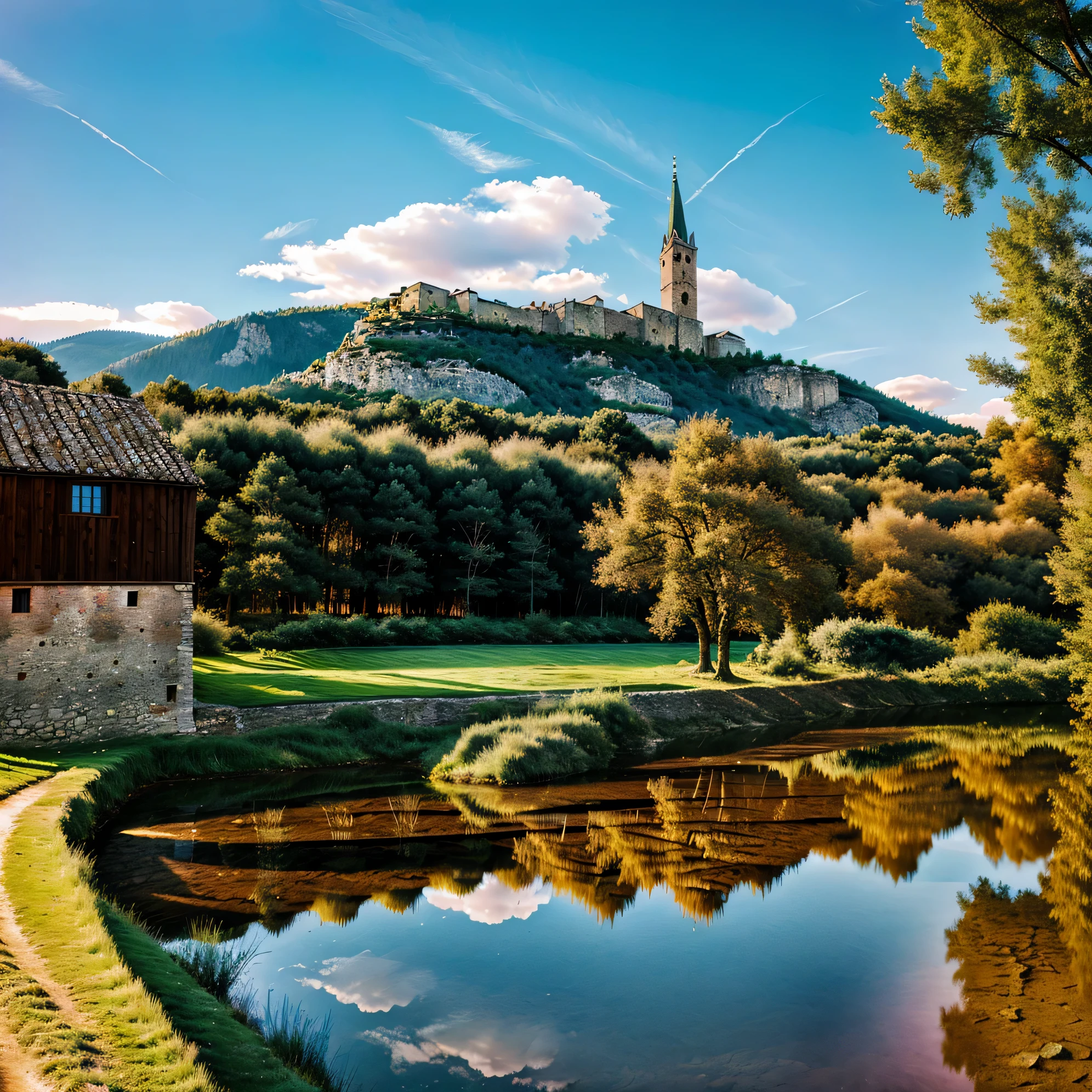 ((masterpiece)),((best quality)),((high detail)),((realistic,)) ((ultra detailed)) landscape of a small medieval town, cartoonist illustration, aeria view, beautiful sky, deformed clouds, 1.3:pine trees, towers.