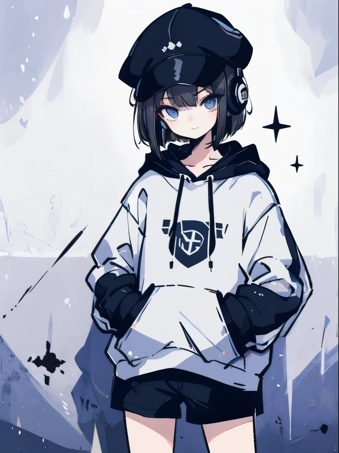 (best quality, highres, realistic:1) One girl, kawaii, , dark hair, soft bob cut with lots of hair, very sleepy face, shining blue eyes, smiling nihilistically, back alley, urban city, concrete wall, oversized hat, black earrings, headphones around neck, oversized hoodie, short short pants, long black tights, one hand in jacket pocket, one hand flailing, leaning against wall, body facing us.