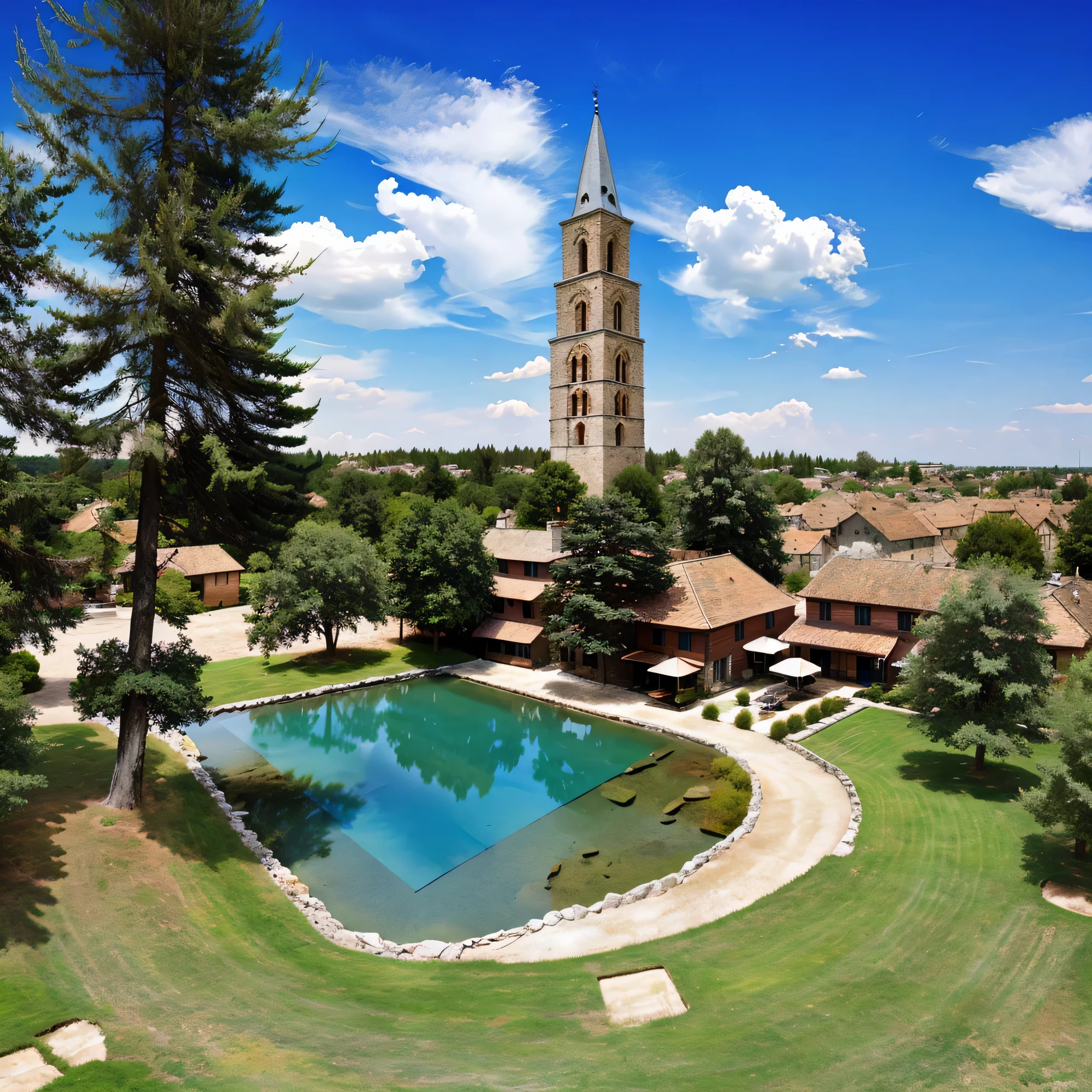 ((masterpiece)),((best quality)),((high detail)),((realistic,)) ((ultra detailed)) landscape of a small medieval town, cartoonist illustration, aeria view, beautiful sky, deformed clouds, 1.3:pine trees, towers.