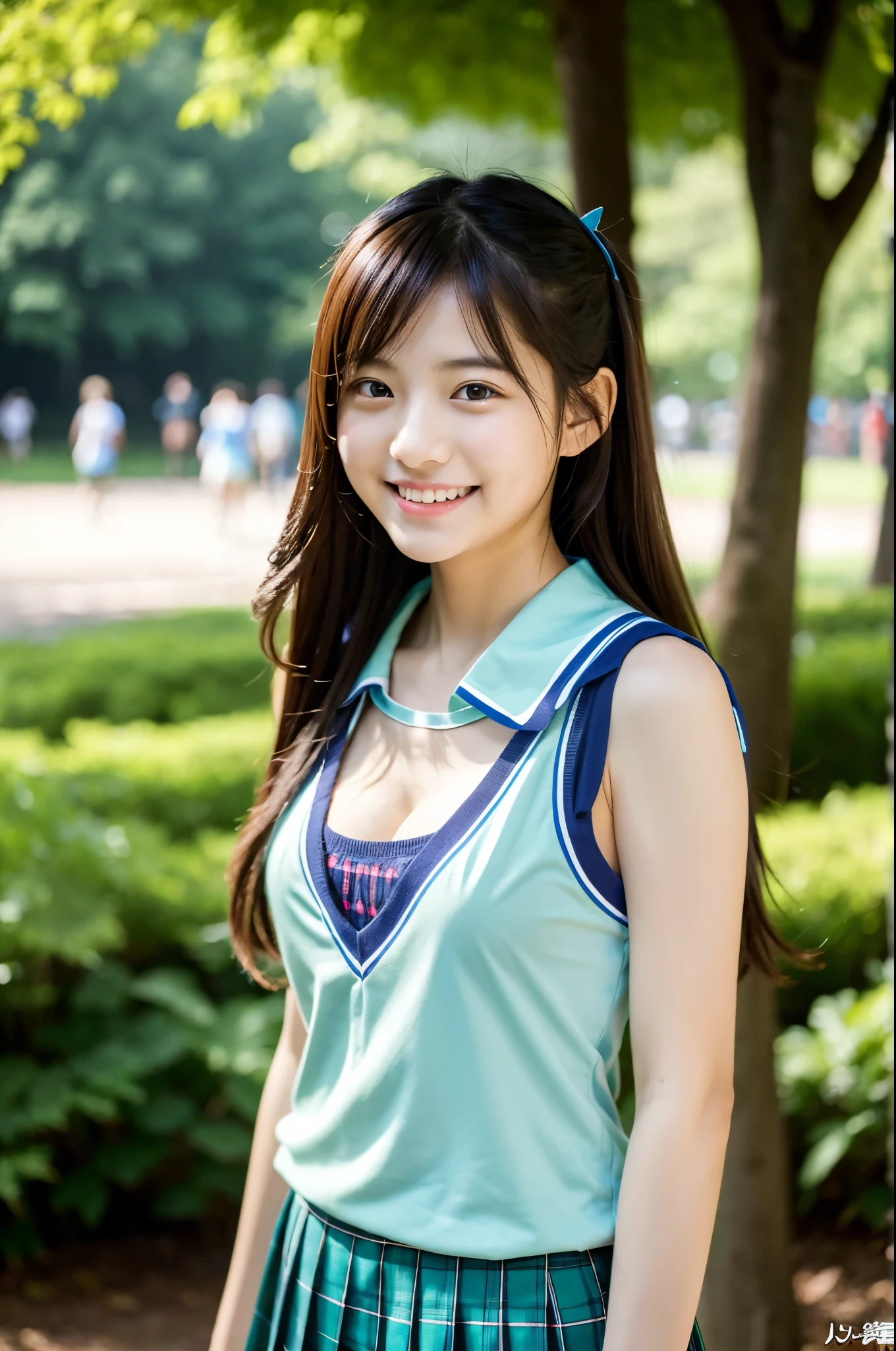 cute, アイドルのようにcute16歳の高校生、High School Uniform、Young cute face、Very short、Smiling Kindly、High school suburban classes、High はCleavageが見えるデザイン、Small breasts、Cleavage、Nipples out、Forest Park、Dim lighting、whole body、RAW Photos、Genuine、Real、realism、Raw photo、High resolution、Life、No copyright notice