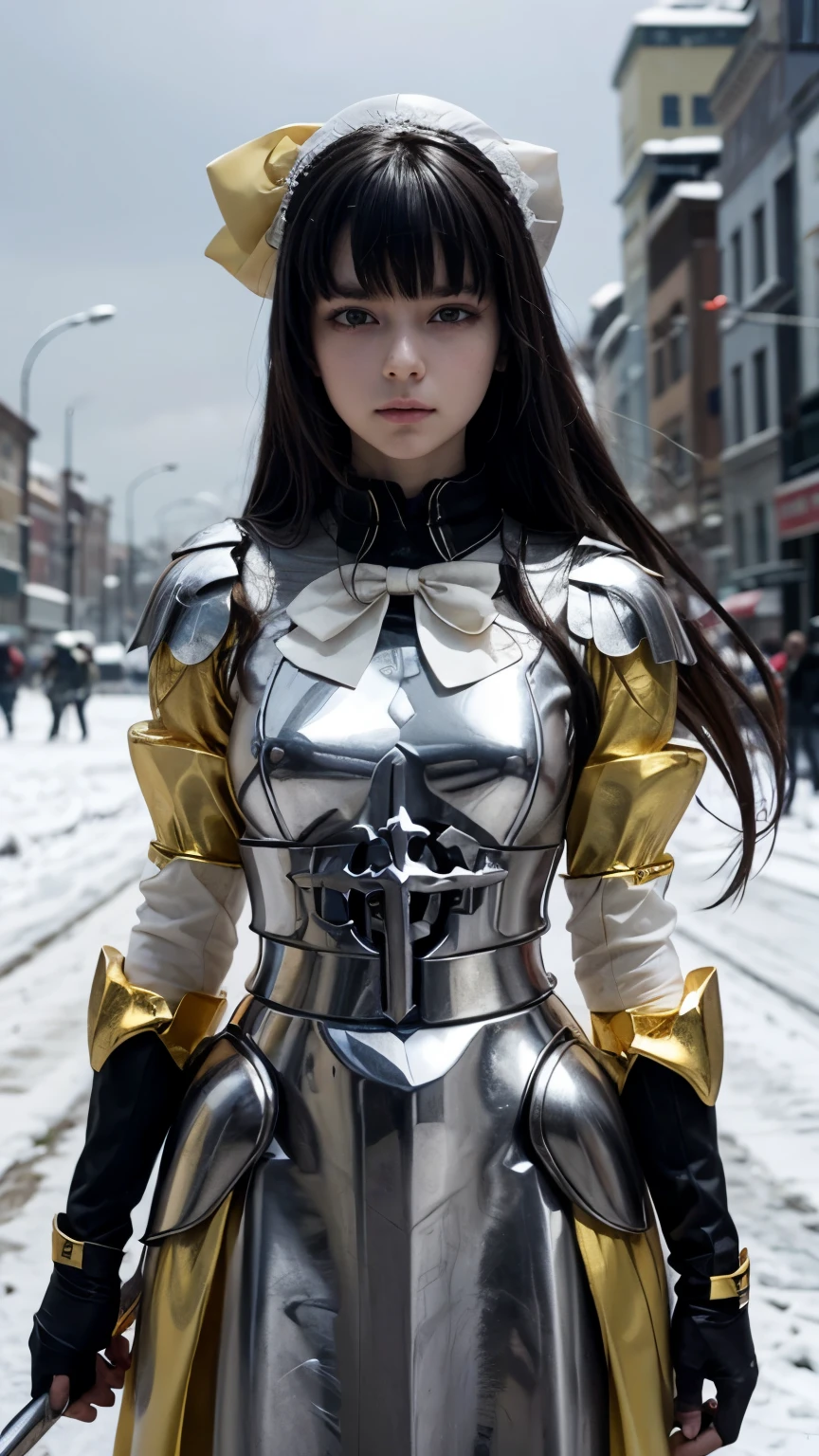 Un primer plano de una mujer con un vestido con una espada, Narberal Gamma - Overlord, finos detalles. chica anime disfrazada de sirvienta, armadura blanca brillante. de piel blanca como la nieve, con cola de caballo negro. La gente cree que su belleza es comparable a la de la Princesa Dorada. Ella usa un bonete blanco en lugar de un casco, y una armadura negra decorada en oro y plata en la semejanza de un uniforme de sirvienta. Como maga de batalla, His weapon of choice is a golden silver staff.. OJOS NEGROS, OBRA HIPERREALISTA, MUY DETALLADA.