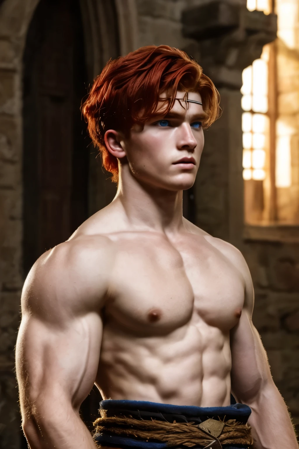 A young man, red hair, European medieval scene, medieval warrior, shirtless, pecs, abs, handsome, attractive boy, European boy, best quality, cinematic, the most handsome boy, strong jaw, harmonious face, focus in the boy, heroic, medieval hero, photo realism, movie scene, Charming prince, pale skin, white skin
