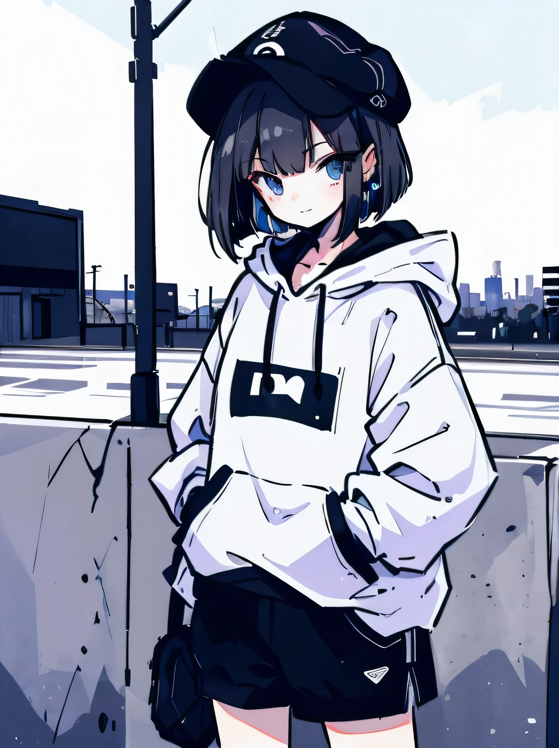 (best quality, highres, realistic:1) One girl, cute, ************, dark hair, soft bob cut with lots of hair, very sleepy face, white light in blue eyes, smiling nihilistically, back alley, urban city, evening, oversized hat, black earrings, headphones around neck, oversized black hoodie, short short pants, long black tights, one hand fluttering toward me, leaning against concrete wall, body facing me.