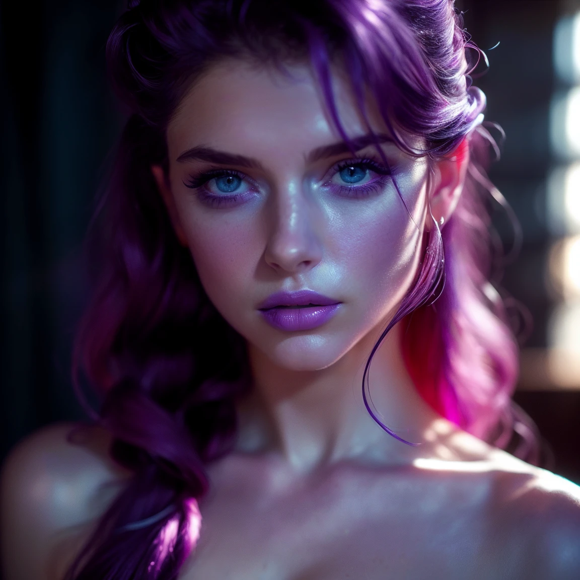 (((ultra realistic))) Photo, masterpiece, top quality, (pale skin), (Ultra detailed face and eyes:1.3), 1 girl, Adult, in a dress, ((Eye makeup, pink mascara)), ((large detailed lips)), ((Purple wavy hair)), ((Stylish hairstyle)) , (Natural breasts). ((Posing)), photoshoot, (Soft) Lighting, (The play of light and shadows), depth of field, bokeh, (special attention to skin detail: 1.2), Detailed leather texture, skin pores. (Erotic atmosphere of the frame. Color range - purple, blue, white tones), UDR, ((Film grain)), ((rays)), (Glare), ((close-up portrait, close to the camera)) , ultra detialed,
