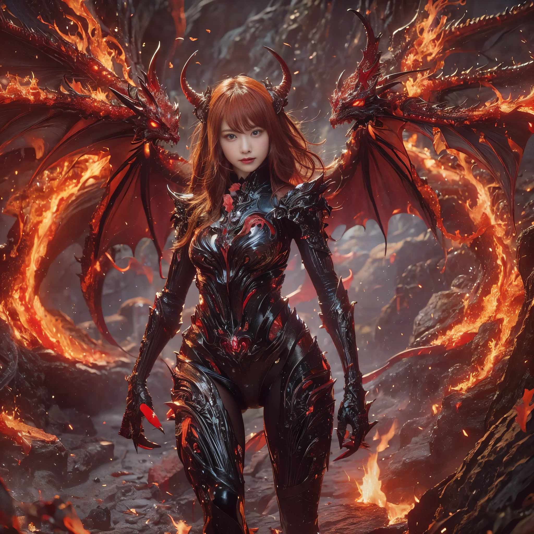 (masutepiece), Professional , masterpiece、top-quality、photos realistic , depth of fields (Dragon Black Metal Body:1.9),(Matte Black、(cleavage of the breast)、Dragon Gold Weapon、(bikini-armor),Gorgeous gold weapons ,(( Dragon's dense and gorgeous sword)) , Beautiful knife ,warhammer 40k , adepta sororitas,Detail and gorgeous crown、((Red hair))、(Castle background)、The dragon、((Gangle's forest background))、Beautiful Caucasian beauty、(1a person)、dynamic ungle,(((Detailed and ornate Black Devil Crown)))、Smaller head、Strange smile、Castle background、Thin and beautiful female hands、cleavage of the breast、Soldier in iron armor on background、Mystical expression、Light Effects、intense fighting、Wind-effect、magic circles、With the legendary magic wand、(demonic wings)、