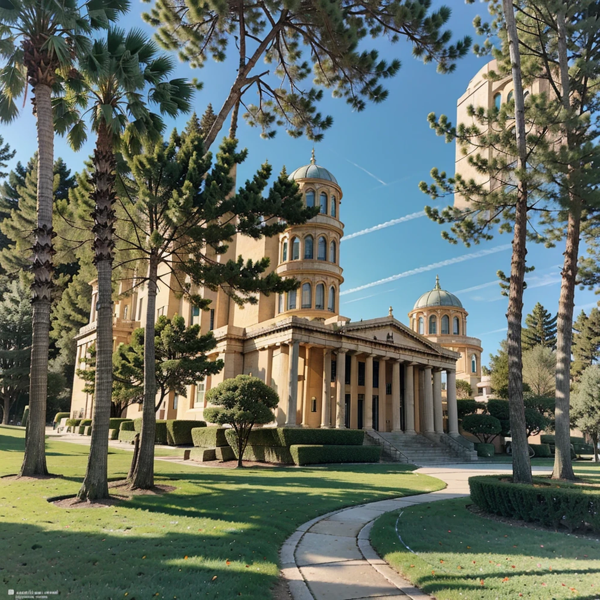 ralph-mcquarrie style, greek architecture done in a sci-fi style on a beautiful forest and meadow scene with tall buildings and open green spaces, oil painting, beautiful, highly detailed