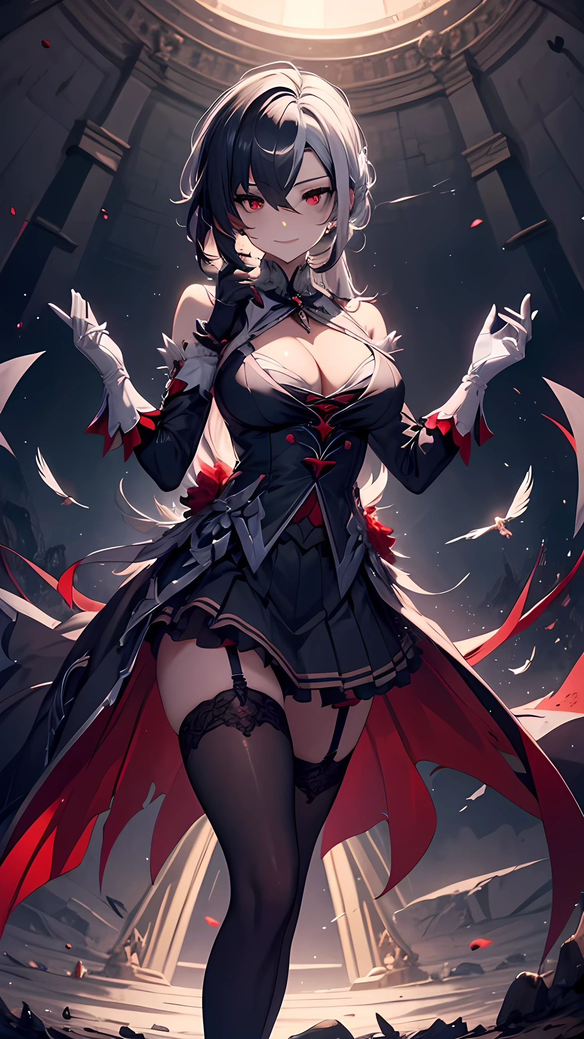 masterpiece), best quality, expressive eyes, perfect face, X_shaped_red_pupils, black hair, white hair, arlecchino_\(genshin_impact\),ponytail,(ornate magical girl costume),(layered skirt:1.1),ornate elbow gloves,garter belt,asymmetrical legwear,stockings,thighhigh heels,evil smile,big breasts,crimson moon,battlefield,raven wings,black feathers in the air,standing,standing on one leg,contrapposto,cowboy shot,dynamic angle