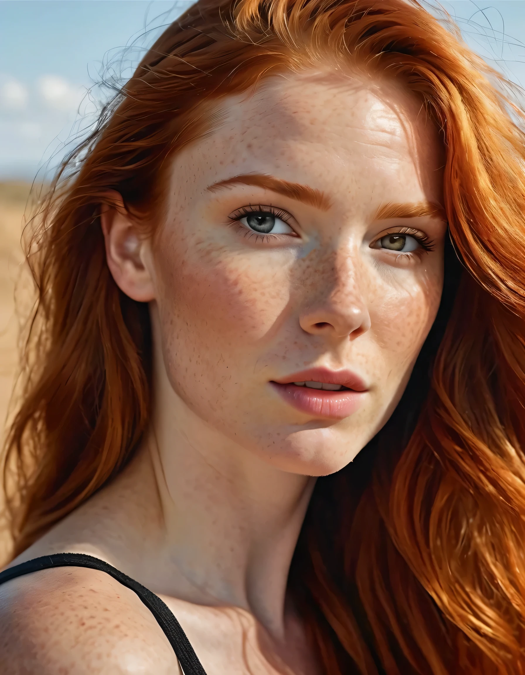 Super realistic image, high quality uhd 8K, of 1 girl,  detailed realistic, redhead, long ginger hair, highly detailed realistic skin, (((face, chest and shoulder portrait))), real and vivid colors ultrarealistic