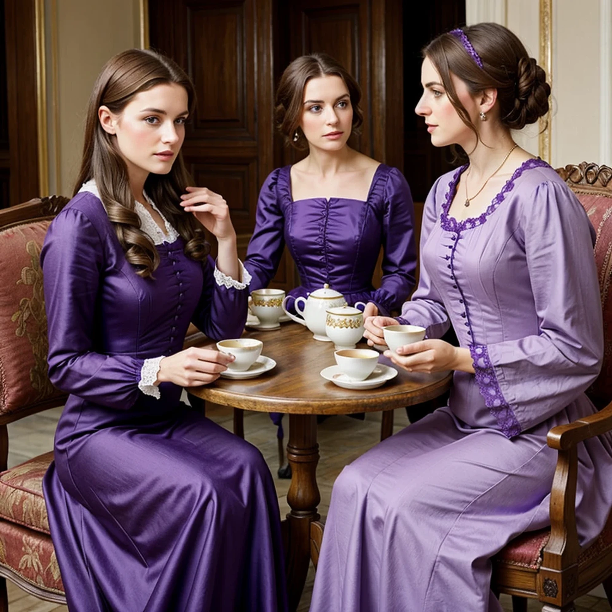Woman with brown hair, violet eyes, violet dress, Victorian dress, royalty, nobility, having tea with women