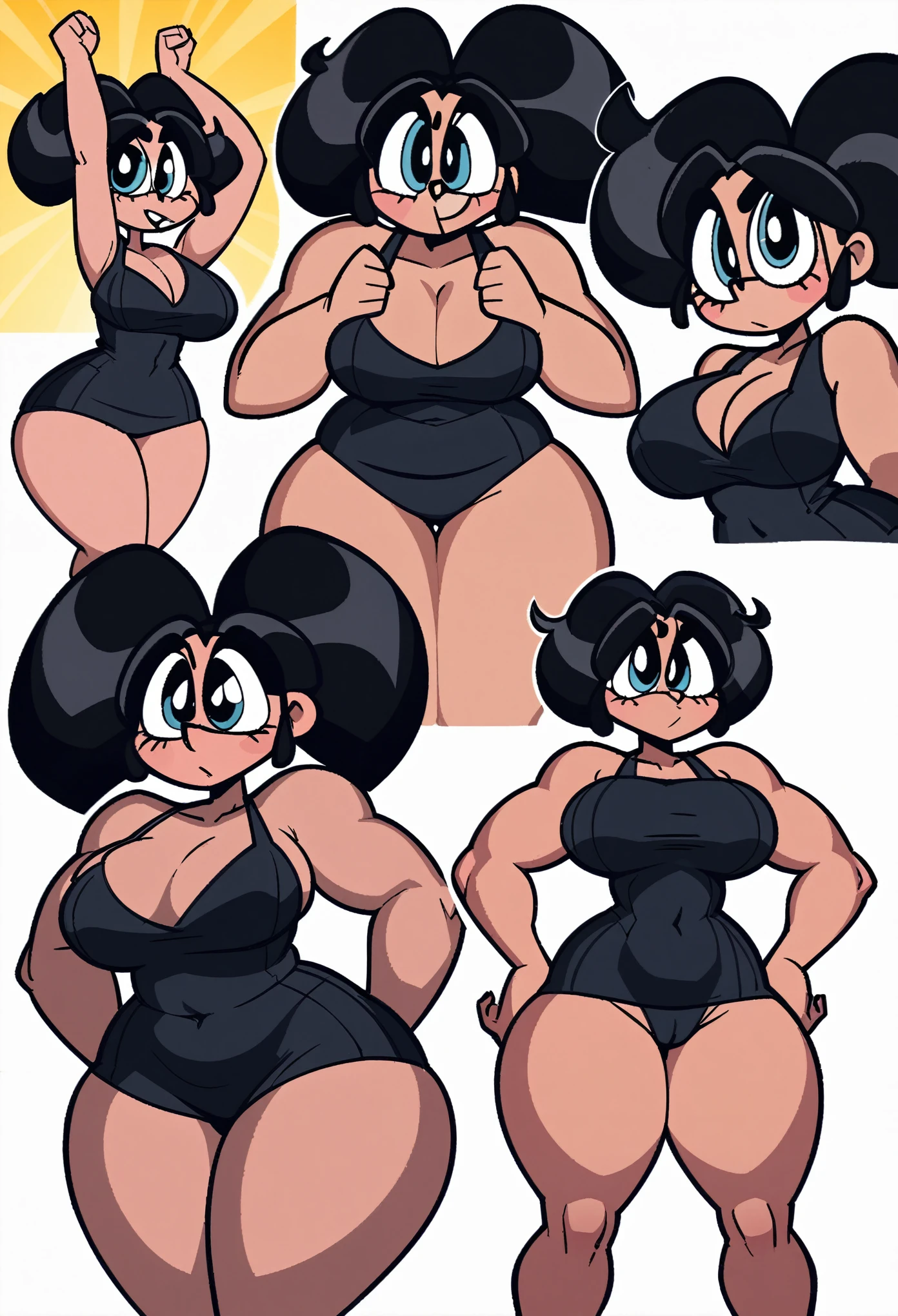 A cartoon art stylee of an original Powerpuff girl character, drawn in the style of a high school paper, featuring a thicc waisted plussize Powerpuff girl, doing a variety of poses, Powerpuff girl theme, wearing a black outfit showing skin, different hairstyles, thick thick, curvy body, busty body, extra thick thighs, plus-size, thicc, full-body view, commission art, detailed, shadows and lighting
