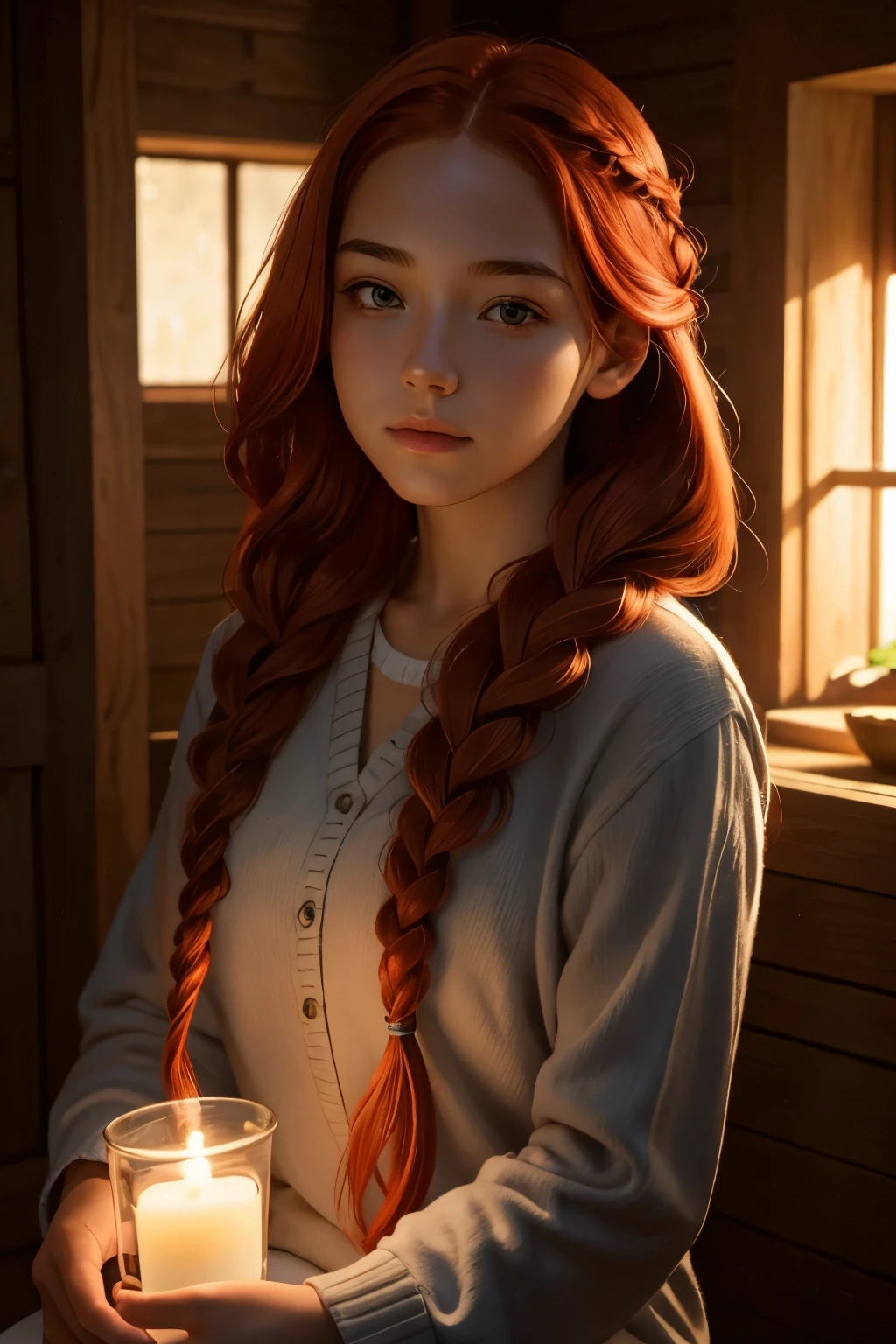 1girl, soft face, red hair, braids, natural and warm lighting, peaceful atmosphere
