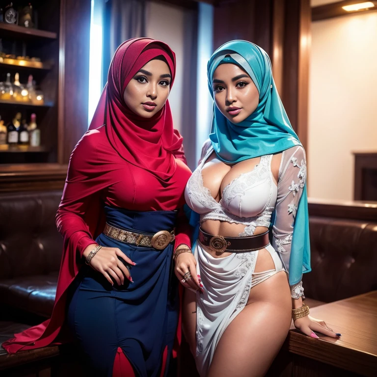 beverage cart, hijab girls in a bar, night, LED Light, Blue LED, night, , Drinks 5 euros, Hijab girls is drinks, big breasts, big breasts, big breasts, two MAPAY women in lingerie posing for a picture in a room, oppai, posing together in bra, MIRA FILZAH and IMAN TAYORE, red bra, all red, oppai proportions, sexy :8, 4k], 4 k ], big breasts!, bottom angle, big breasts!!, Malay beauties, biomechanical oppai, fujita goro and jones, thicc, wearing hijab, hijab star, hijab gorgeous, hijab super model, Malaysian girls group,malay, The whole body consists of a young girl with hijab, Eye makeup, 21yo, Cat ears, Soft lighting, group, Wear shabby clothes, Dirty, Tattered futuristic bikini, Cat's paw badge, Pose, spot color, rendering by octane, Ultra-realistic intricate details, Cinematic, 8K resolution, 70mm, emphasis lighting, Global illumination, Full body portrait, clean detailed faces, Complex clothing, Cute face,  (((wearing a Sexy belt design by LV))) Surreal full-body figure, Beautiful and delicate body and face, gorgeous figure, ssmile, Titillating，Surreal full-body figure，Beautiful and detailed body and face, Super vista, White skin of the, vivd colour,🔥8k, masterpiece, RAW photo, best quality, (18k detail:1.2), photorealistic, extremely, deep shadow, earrings, bracelets, necklace,