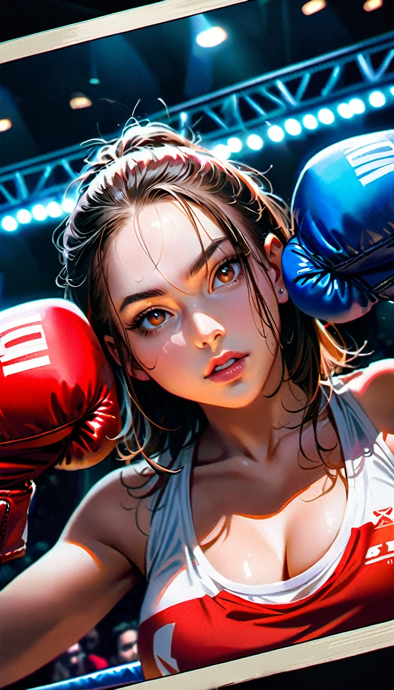 8K, Best Quality, Masterpiece, Ultra High Resolution, (Realism: 1.4), Original Photo, (Realistic Skin Texture: 1.3), (Film Grain: 1.3), (Selfie Angle), 2 Girl, Beautiful Eyes and Face Details, Masterpiece, Best Quality, Close-up, Upper Body, Looking at the Viewer, boxing match, boxing gloves, boxing sport outfit,mouthguards, Bruises on faces, photo after the fight, boxing ring, crowd