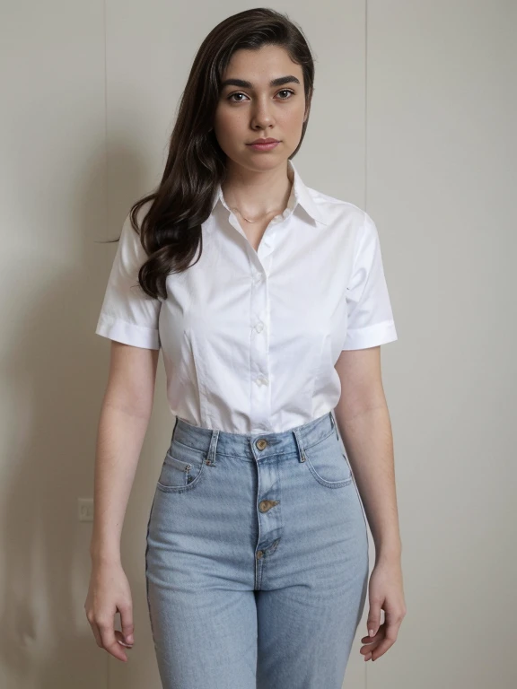 25 years old 160cm 55kg wearing white button shirt, blue jeans, medium hair, . Bright face. Office suit. Wear white. Moslem wear. N. Closed outfit.