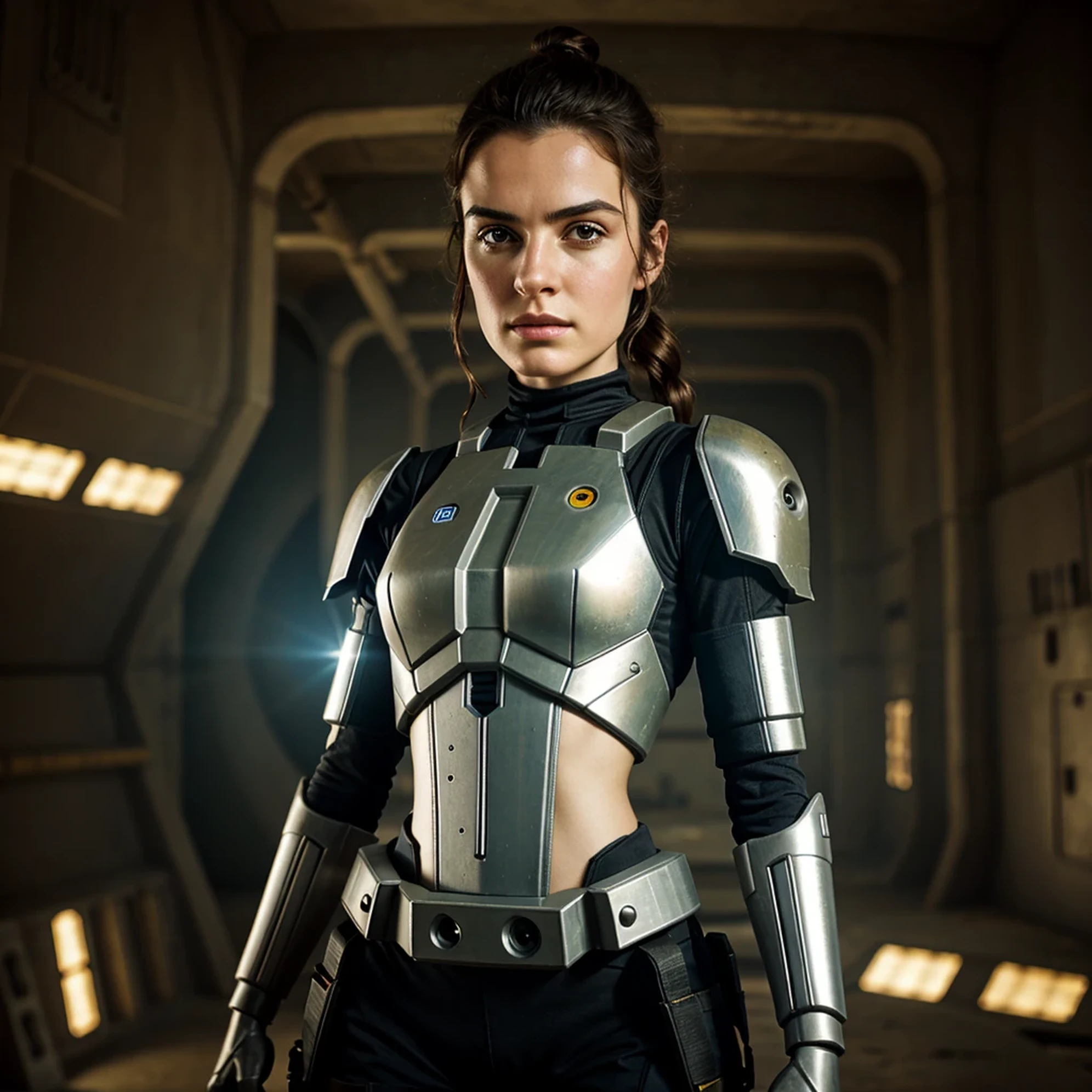 solo, solo focus, masterpiece close-up portrait of a woman wearing tactical gear in a tatooine building, light rays, caustics, mechanical parts, wiring, droid, metal jaw