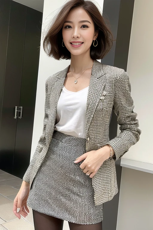 ((highest quality、Ultra-high resolution、8K、masterpiece、Ultra HD))、Delicate face、Detailed eyes and face、double eyelid、Pretty Face、Brown short bob hair、Heavy makeup、Tall and beautiful woman、Long, slender legs、Narrow waist、Mature Woman、Glamorous and sexy woman、Perfect Anatomy、((blazer、Printed skirt、pantyhose、High heels))、Cleavage、Modern architecture in the background、Detailed Background、Adorable、Smile、Earrings、necklace、bracelet