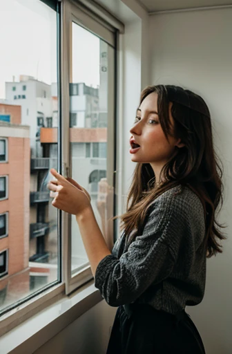 girl sings from a window in an apartment building