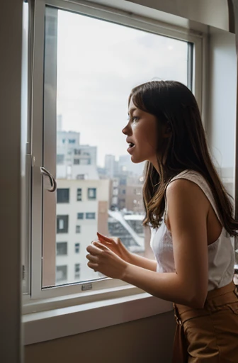 girl sings from a window in an apartment building
