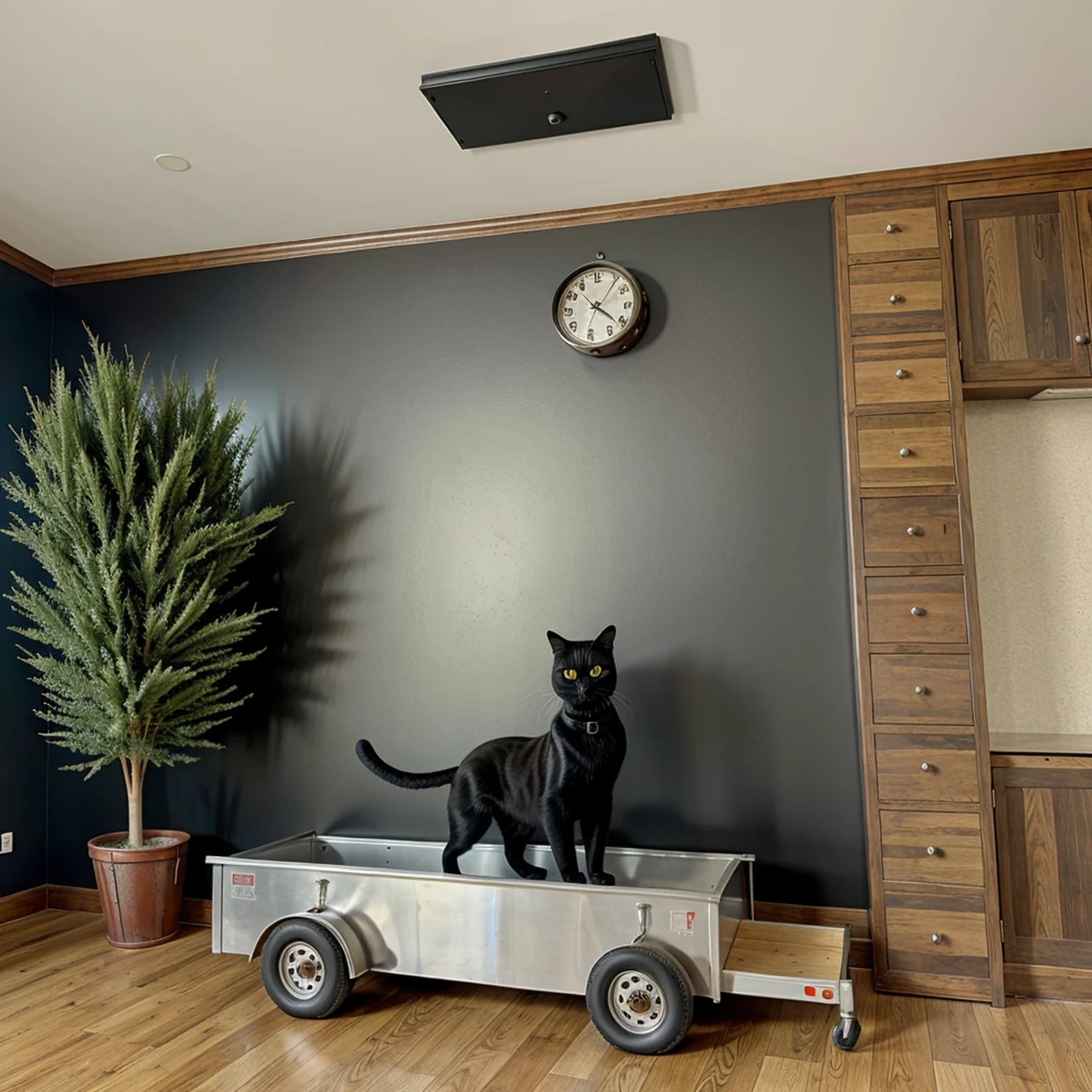American contemporary antique room, Black cat wall clock, Tin trailer, Pixar, UHD, ccurate, high details, award winning, best quality