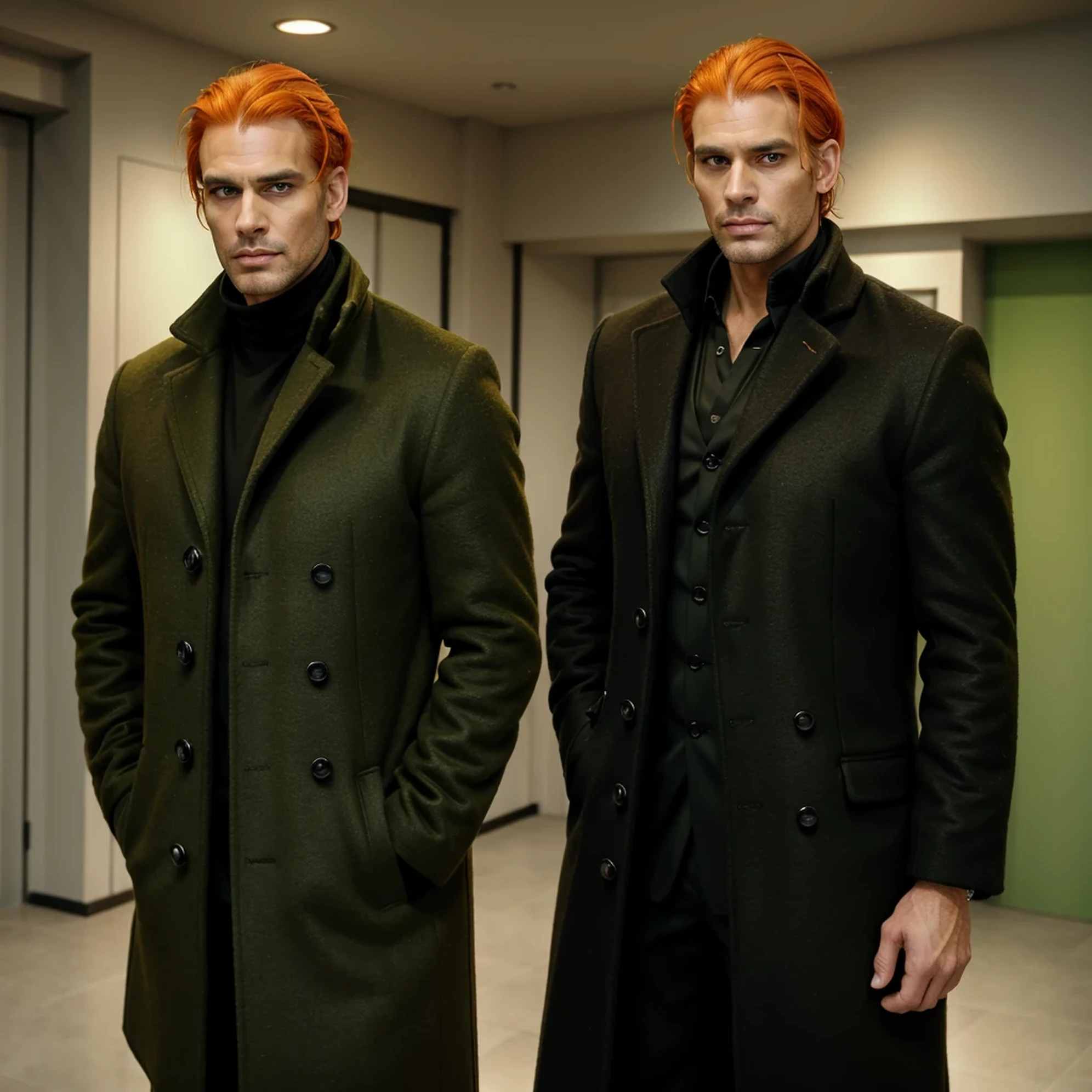 ((highest quality, masterpiece, 1 male, handsome, male, adult male, older guy, broad shoulders, tall height((big hair)), looking at the viewer ((green eyes)), ((orange hair, hair tied), standing, piercings, older face, adult, anime version, black coat outfit, tall man, anime, coat outfit, showing the whole character
