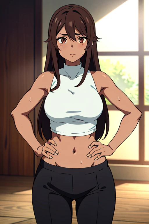 ((best quality)), ((masterpiece)), (detailed), perfect face, brown skin anime woman in a deep V Neck halter top, (bare shoulders), (long skirt), famished in hunger, (gently resting hands on stomach), (long hair), (hands on her stomach), (slim woman), (fit woman), (healthy woman), (embarrassed expression), (sweaty)