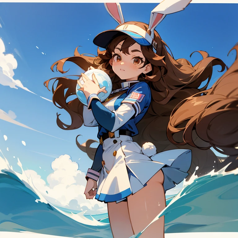 She has brown hair and brown eyes she wears the bow that has rabbit ears and the transparent visor on the front her uniform has the predominant color blue and she is from Boku no Hero Academia a very famous anime she has the power of water her hair hers is medium and wavy