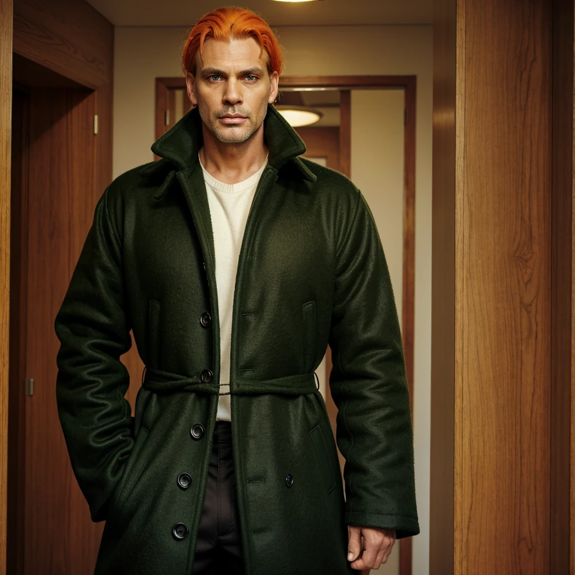 ((highest quality, masterpiece, 1 male, handsome, male, adult male, older guy, broad shoulders, tall height((big hair)), looking at the viewer ((green eyes)), ((orange hair, hair tied), standing, piercings, older face, adult, anime version, black coat outfit, tall man, anime, coat outfit, showing the whole character
