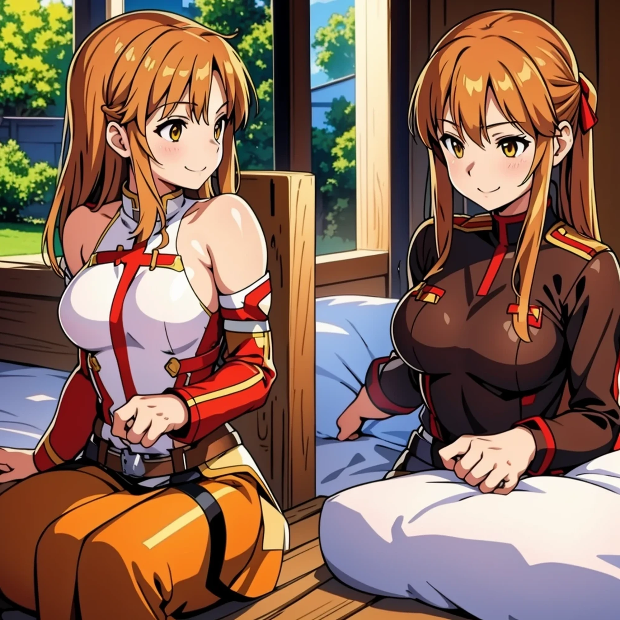 asuna, asuna_(sao), 1girl, fantasy, highres, looking_away, looking_to_the_side, original, realistic, scenery, Close-up, upper_body, smiling, action pose,on_bed,
