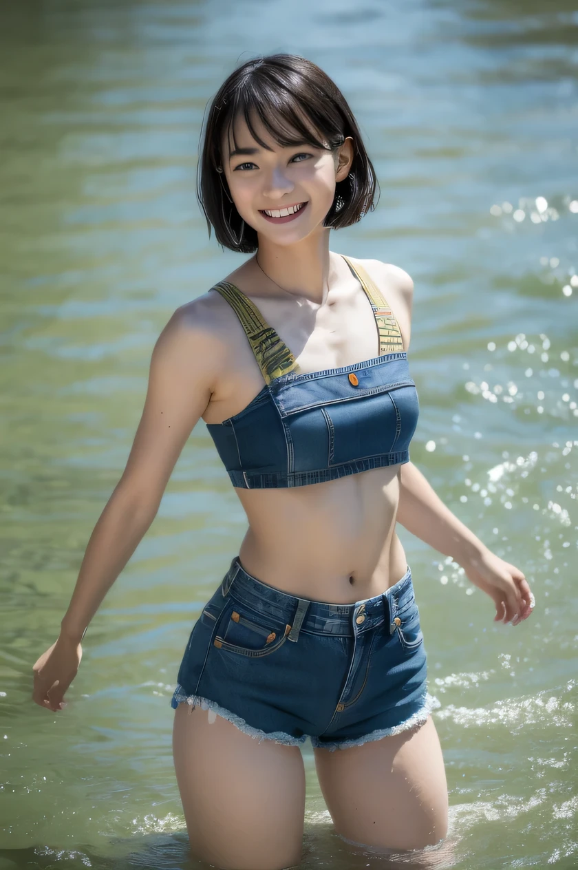 The beauty of 8K raw photos:2.0, Japanese woman, short hair, great face and dark eyes, looking down, looking at the viewer:1.5, big smile, wet hair, spread the legs wide, tiny top, (denim shorts:1.2), shinny skin, realistic:1.9, very detailed, cowboy shot from bottom:1.2, High resolution RAW color photos, professional photos, Taken at in the river,