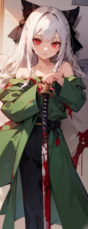He was wearing a dark green coat and trousers.、A 14-year-old girl with red eyes and white hair, holding a Japanese sword、There is blood in my hair、They even kill people.。Put some clothes on your shoulders