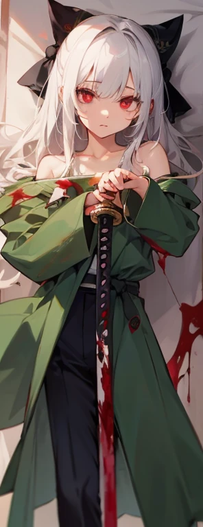 He was wearing a dark green coat and trousers.、A 14-year-old girl with red eyes and white hair, holding a Japanese sword、There is blood in my hair、They even kill people.。Put some clothes on your shoulders