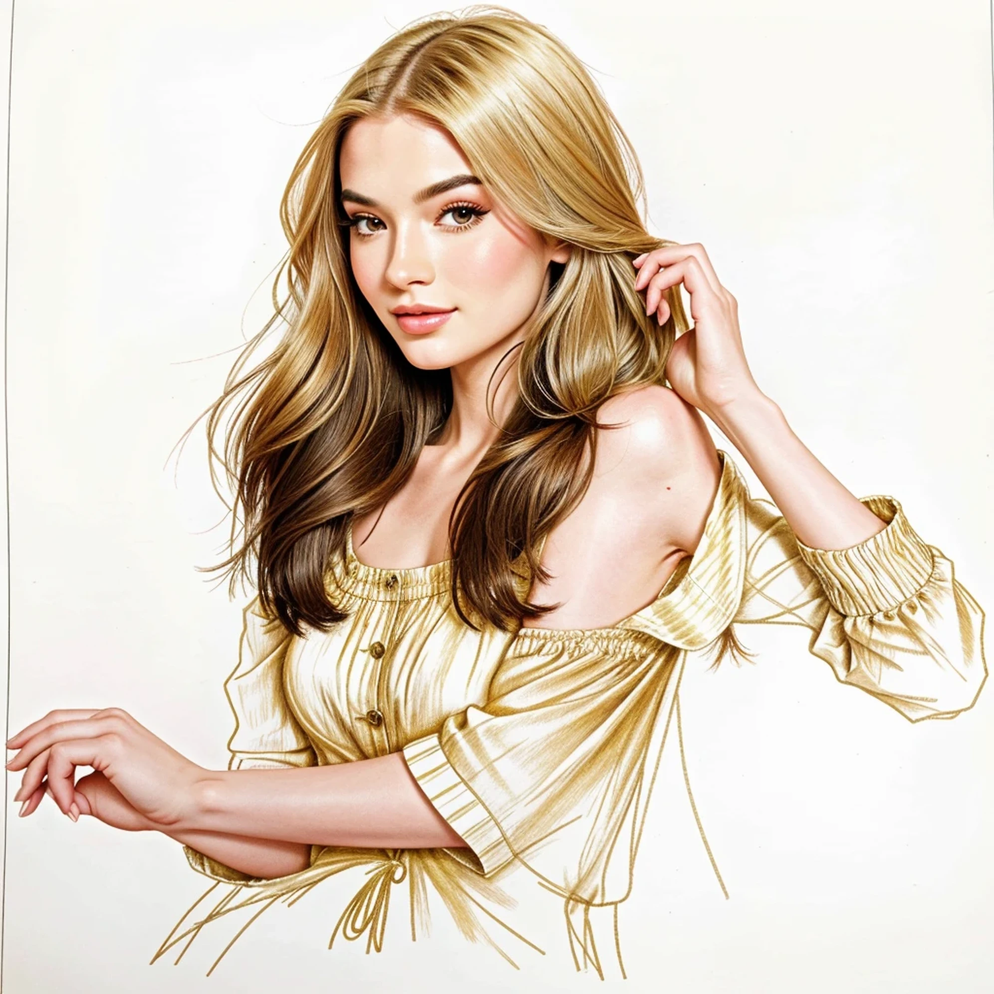 Bright colors, beautiful style, high-quality illustrations, female chin holding hand position, elegant drawing, detailed illustration of clothing and facial features.