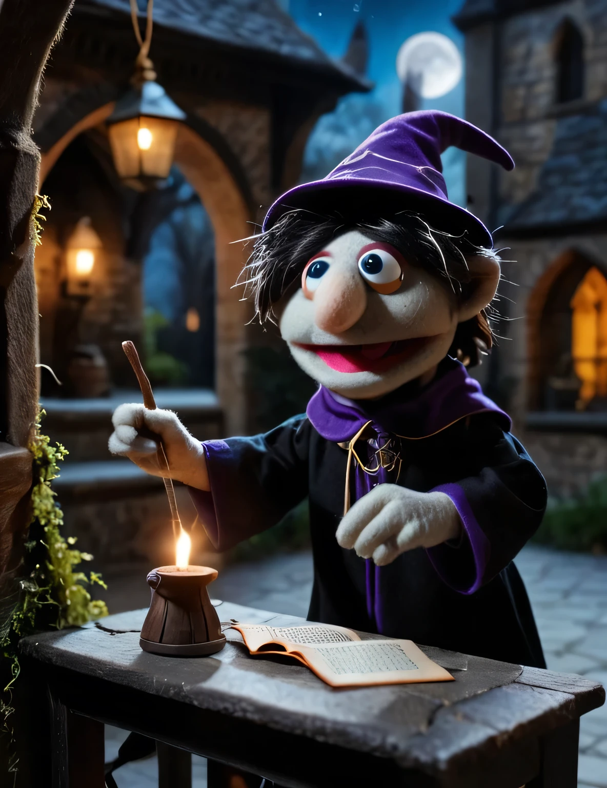 in a felt puppet world style,, A young wizard practicing spells in a moonlit courtyard, magical creatures watching.