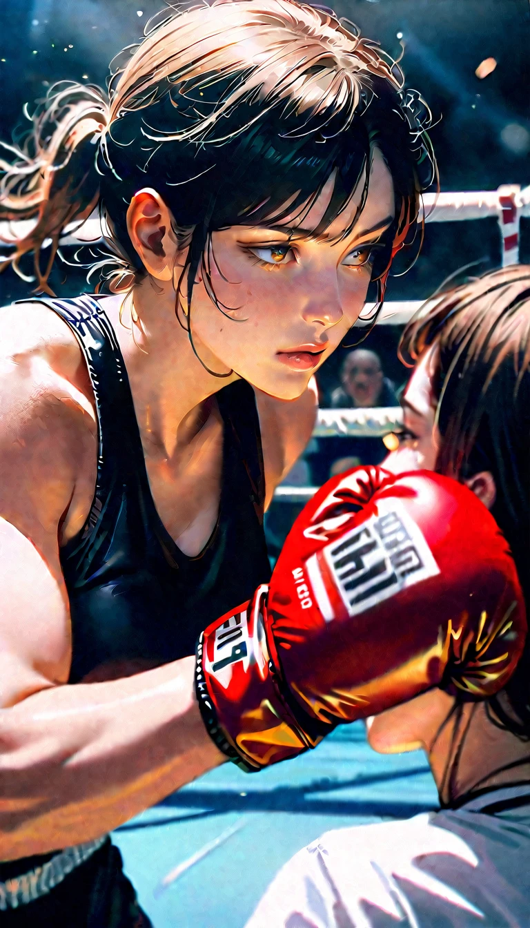 8K, Best Quality, Masterpiece, Ultra High Resolution, (Realism: 1.4), Original Photo, (Realistic Skin Texture: 1.3), (Film Grain: 1.3), 2 Girl, Beautiful Eyes and Face Details, Masterpiece, Best Quality, Close-up,they look into each other's eyes , boxing match, boxing gloves, boxing sport outfit, Bruises on faces, photo after the fight, boxing ring, crowd
